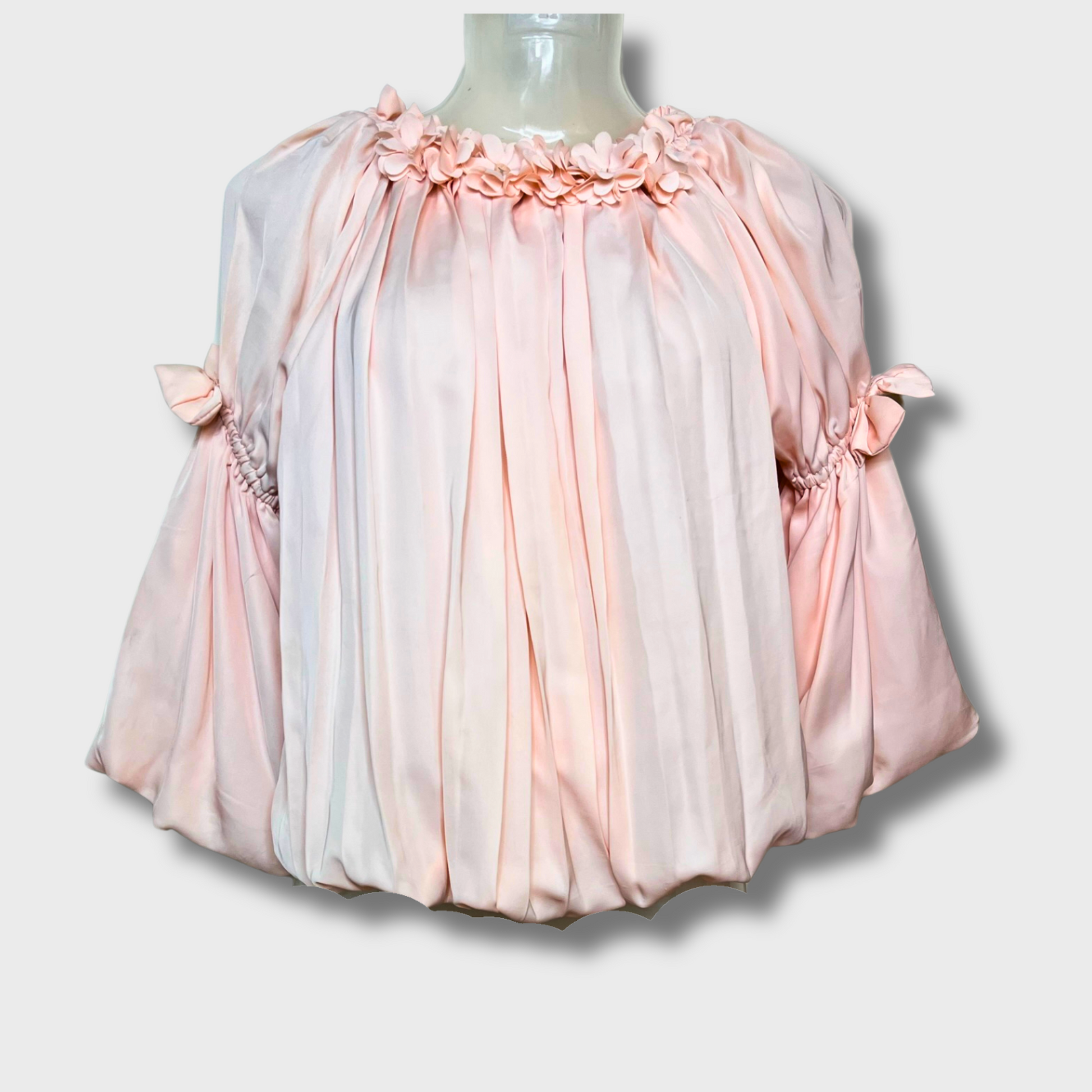 Blush Pink Pleated Balloon Sleeve Off Shoulder Top with Floral Neck Detail – Flowy Silhouette