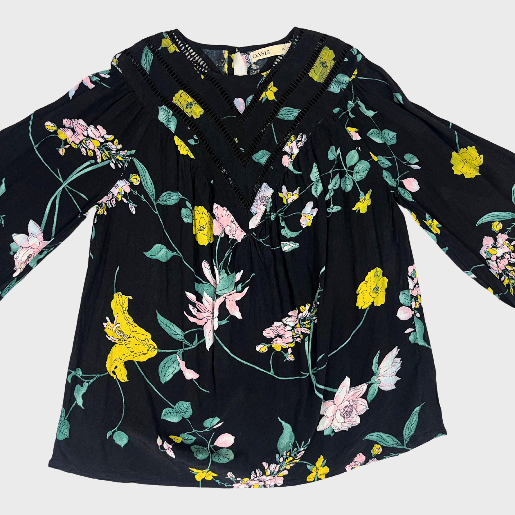 Women's Floral Printed Black Top â€“ Balloon Sleeves & Cutwork Neckline | Size L by Oasis