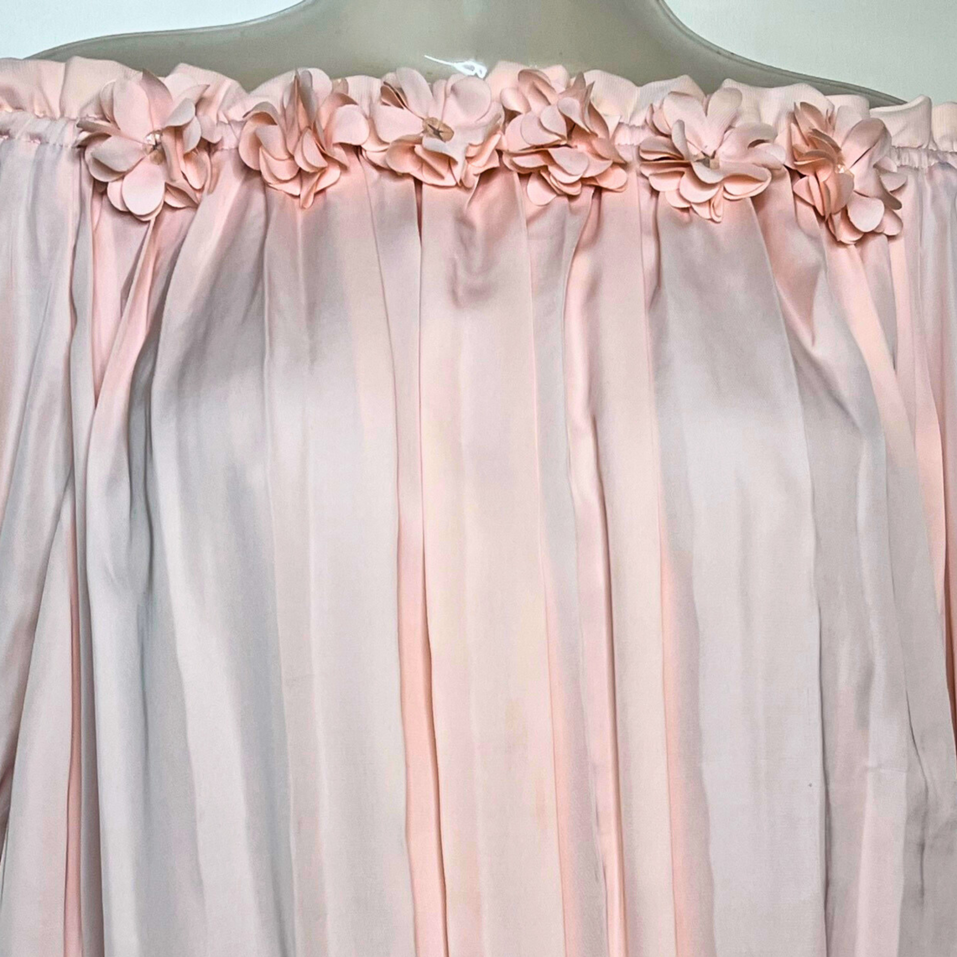 Blush Pink Pleated Balloon Sleeve Off Shoulder Top with Floral Neck Detail – Flowy Silhouette