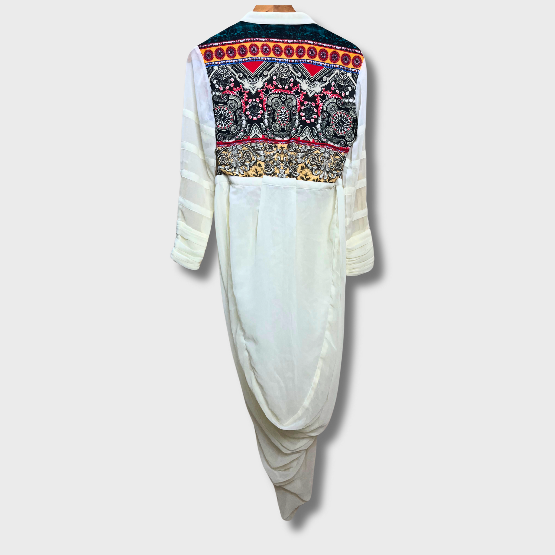 Women's Cream Long Dress & Elegant Elegant Print & Detailed Sleeves | Size M | Rudriika