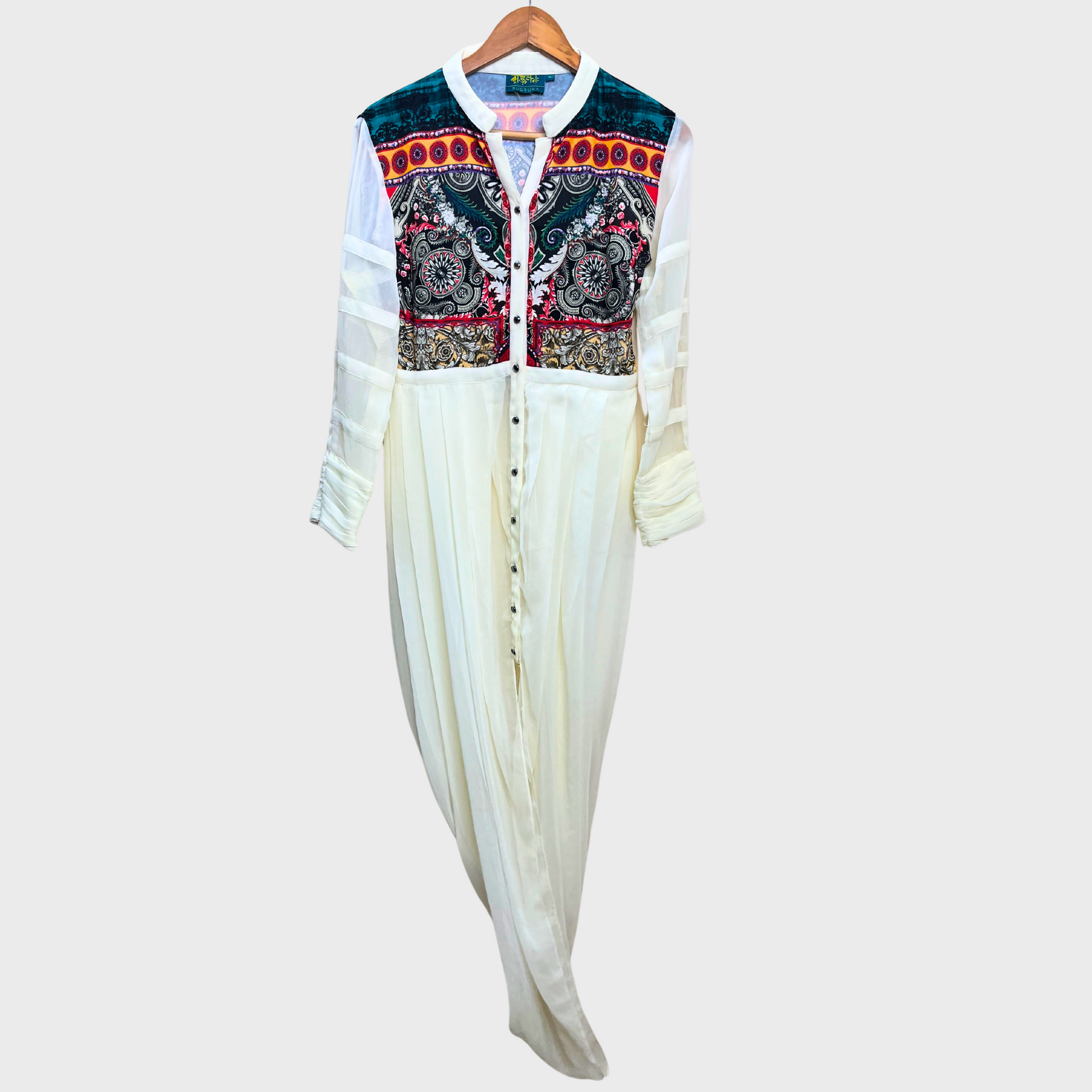Women's Cream Long Dress & Elegant Elegant Print & Detailed Sleeves | Size M | Rudriika