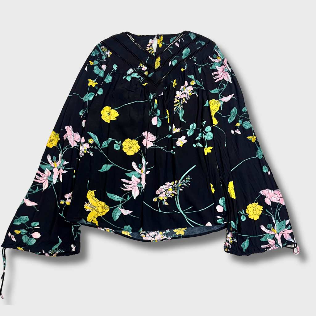 Women's Floral Printed Black Top â€“ Balloon Sleeves & Cutwork Neckline | Size L by Oasis
