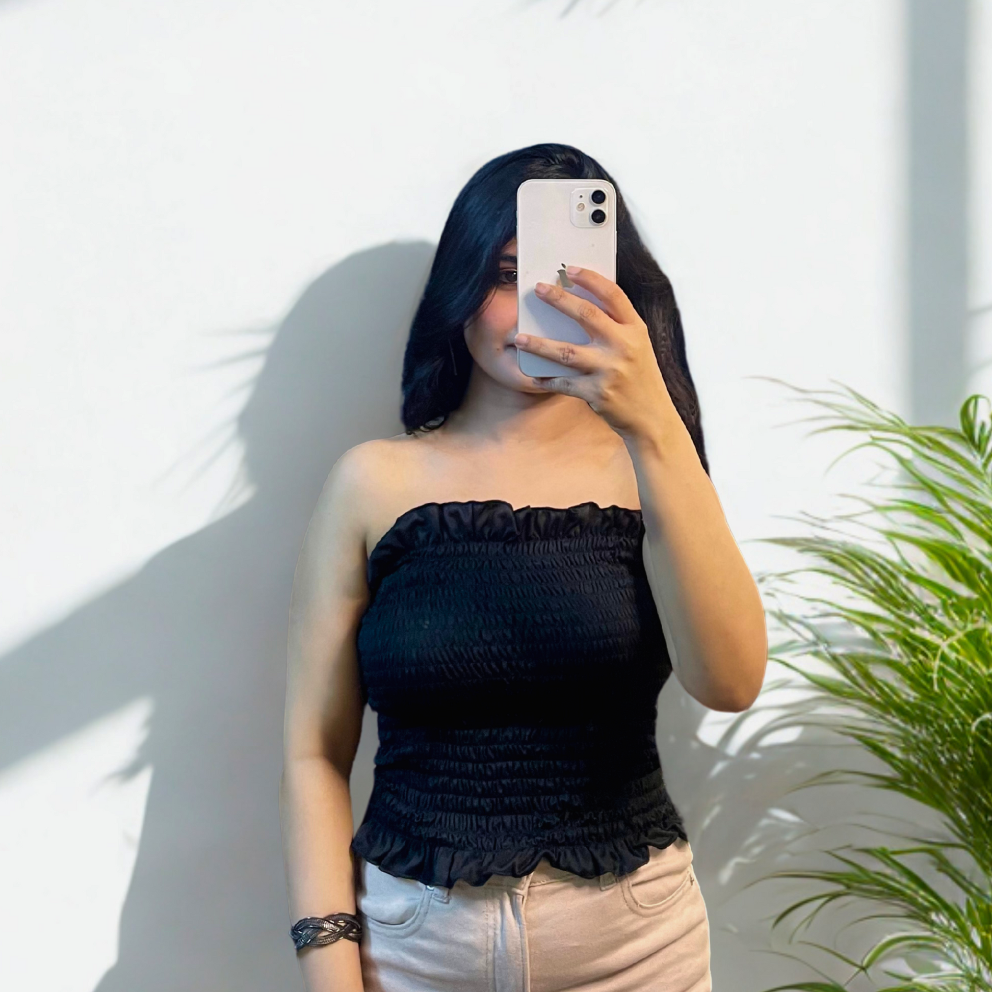 Women’s Black Smocked Strapless Tube Top with Ruffled Edges