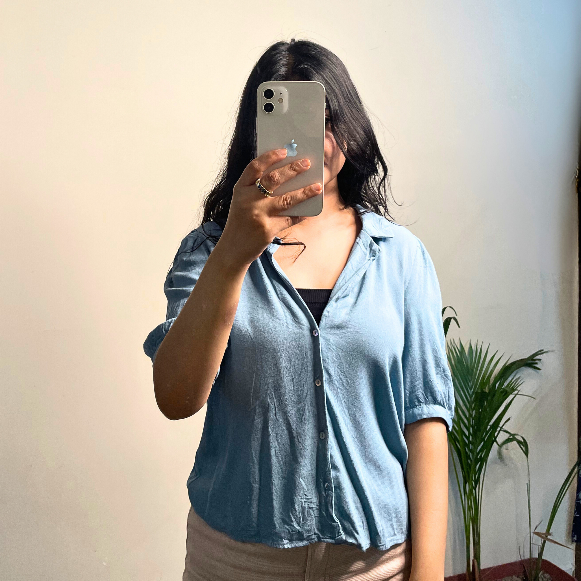 ZARA Women’s Soft Georgette Top – Grey Teal, Puffed Half Sleeves, Deep Neck Fancy Blouse (Size S)