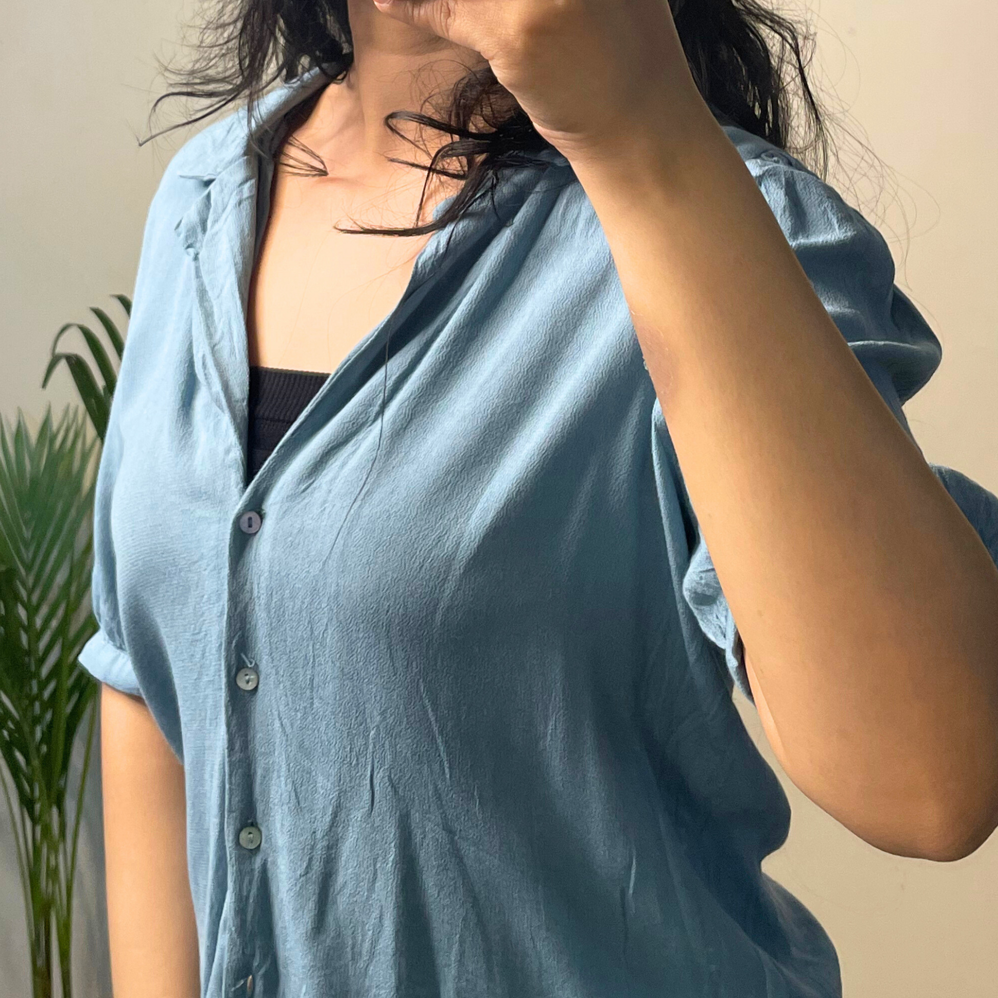 ZARA Women’s Soft Georgette Top – Grey Teal, Puffed Half Sleeves, Deep Neck Fancy Blouse (Size S)