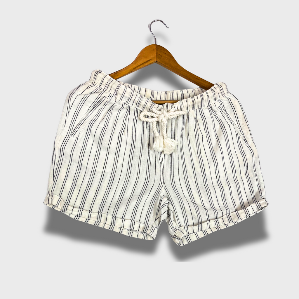Women’s White Shorts with Black Stripes – Cotton Casual Shorts with Pockets | Size M