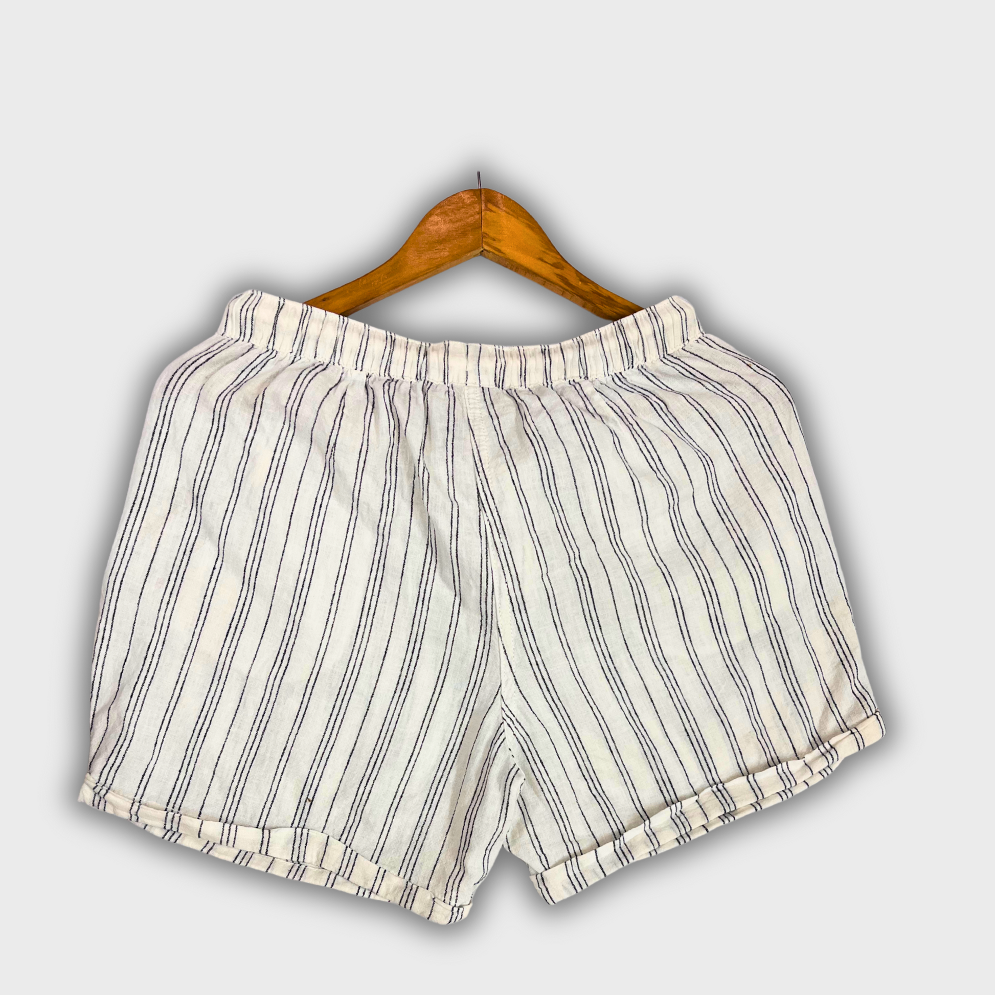 Women’s White Shorts with Black Stripes – Cotton Casual Shorts with Pockets | Size M
