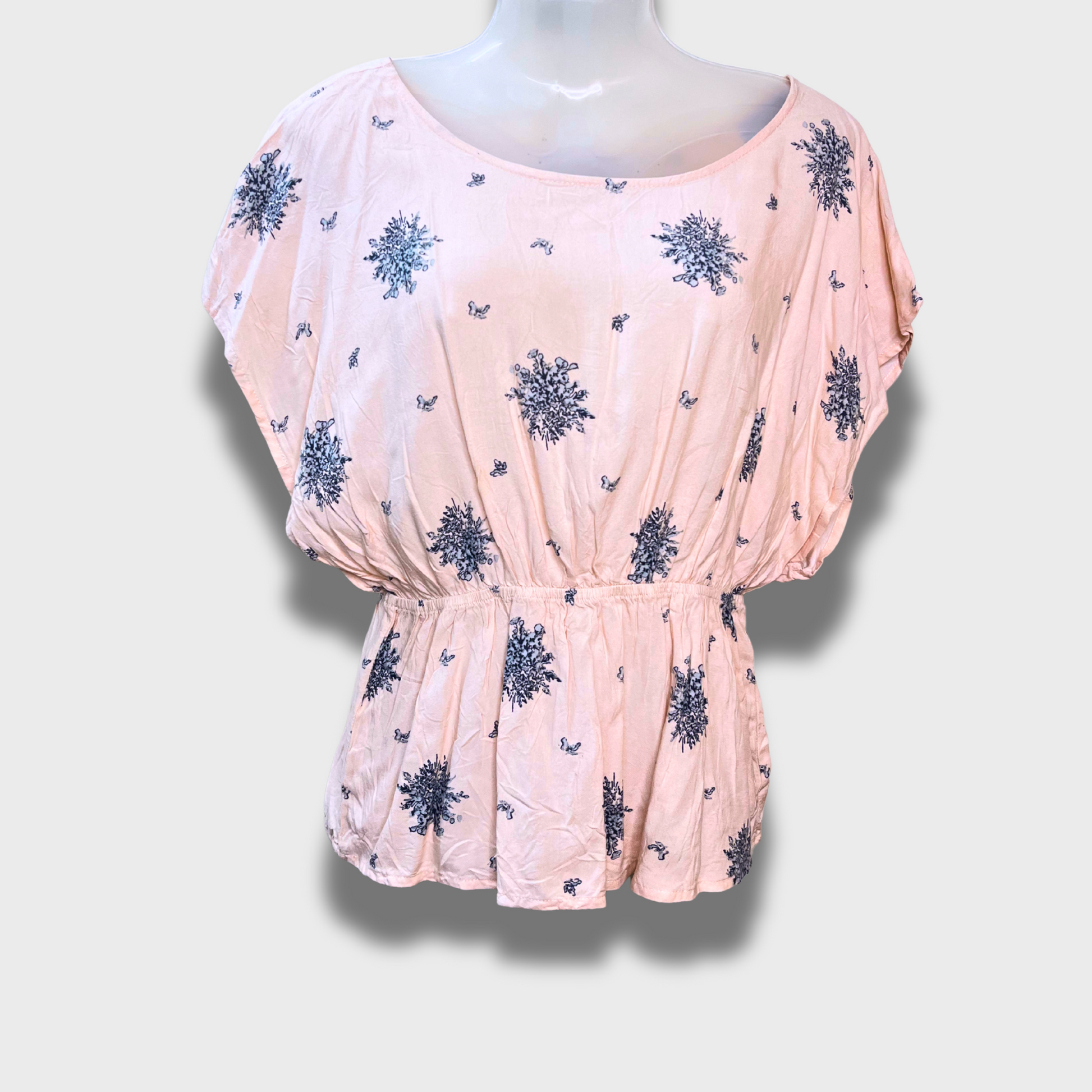 Women’s Casual Semi-Kaftan Top – Baby Pink Floral Print | Elastic Waist | Size S – Bronzini