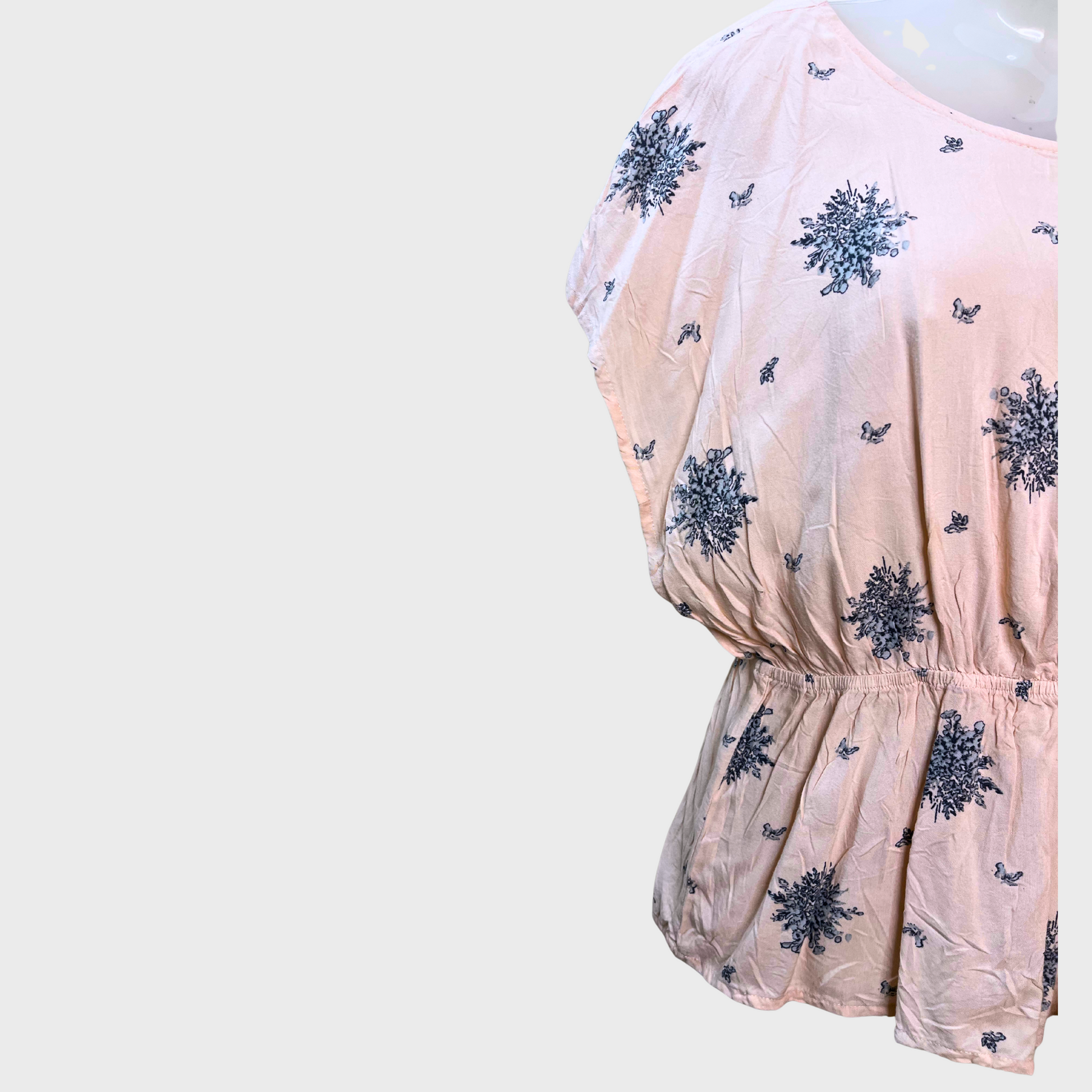 Women’s Casual Semi-Kaftan Top – Baby Pink Floral Print | Elastic Waist | Size S – Bronzini