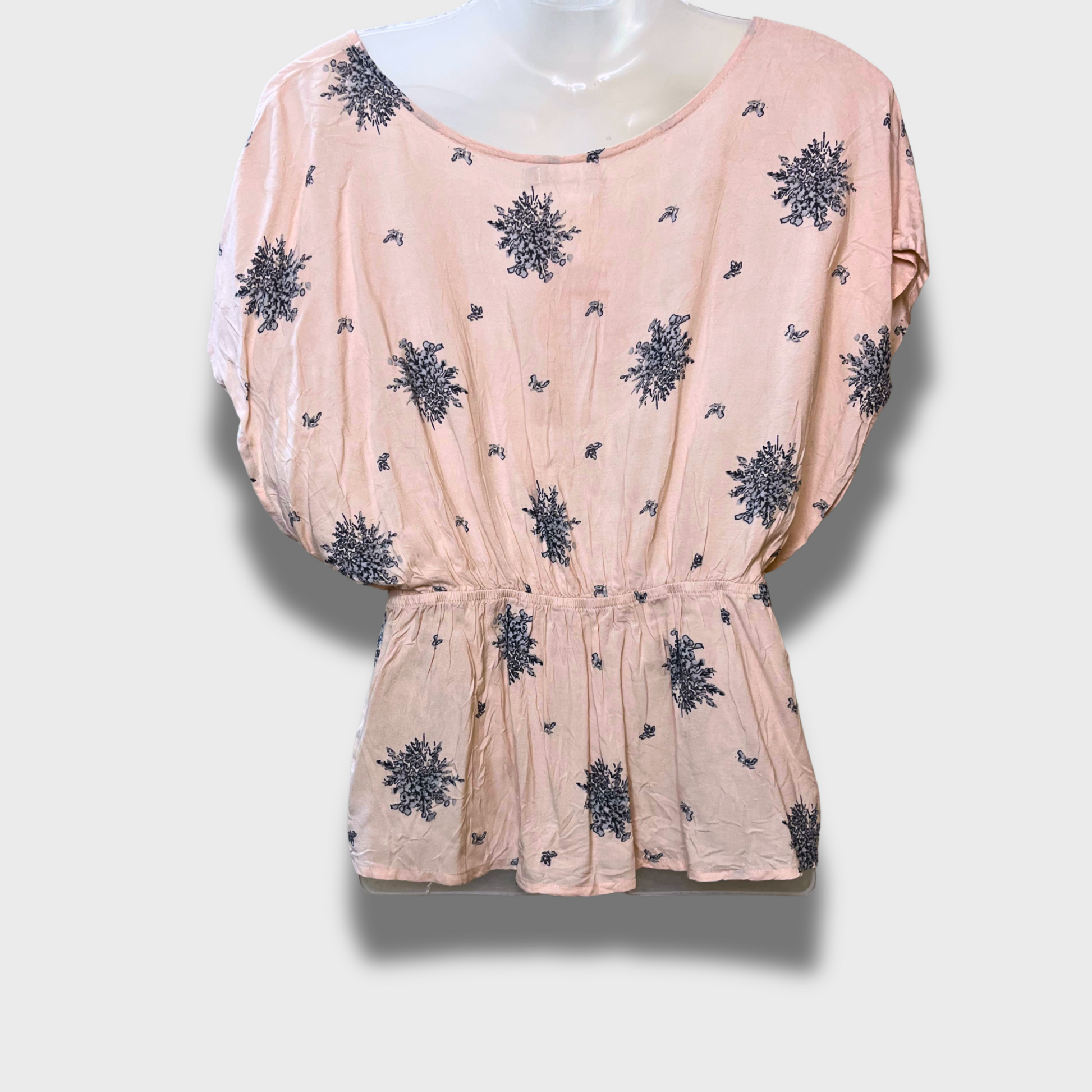 Women’s Casual Semi-Kaftan Top – Baby Pink Floral Print | Elastic Waist | Size S – Bronzini