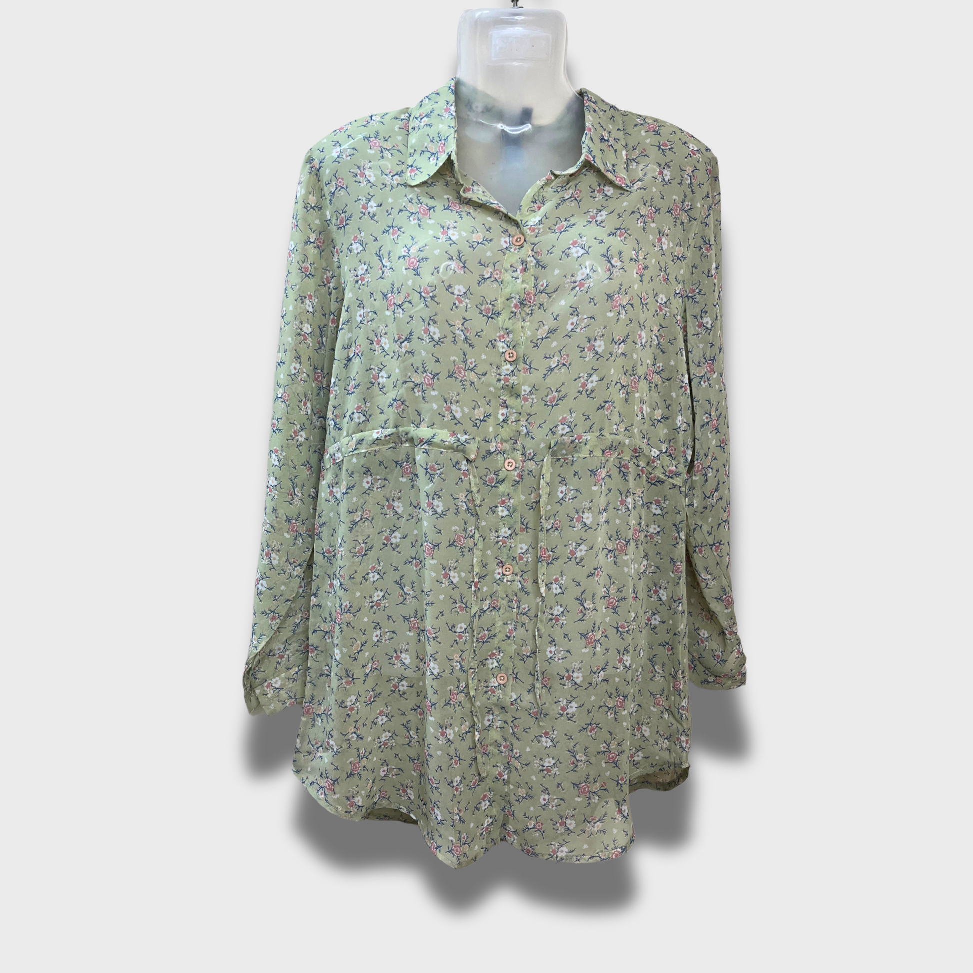 Women’s Light Green Floral Print Dress – Collared Long Shirt Style | Size XL | FAM GLAM