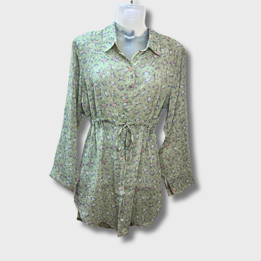 Women’s Light Green Floral Print Dress – Collared Long Shirt Style | Size XL | FAM GLAM