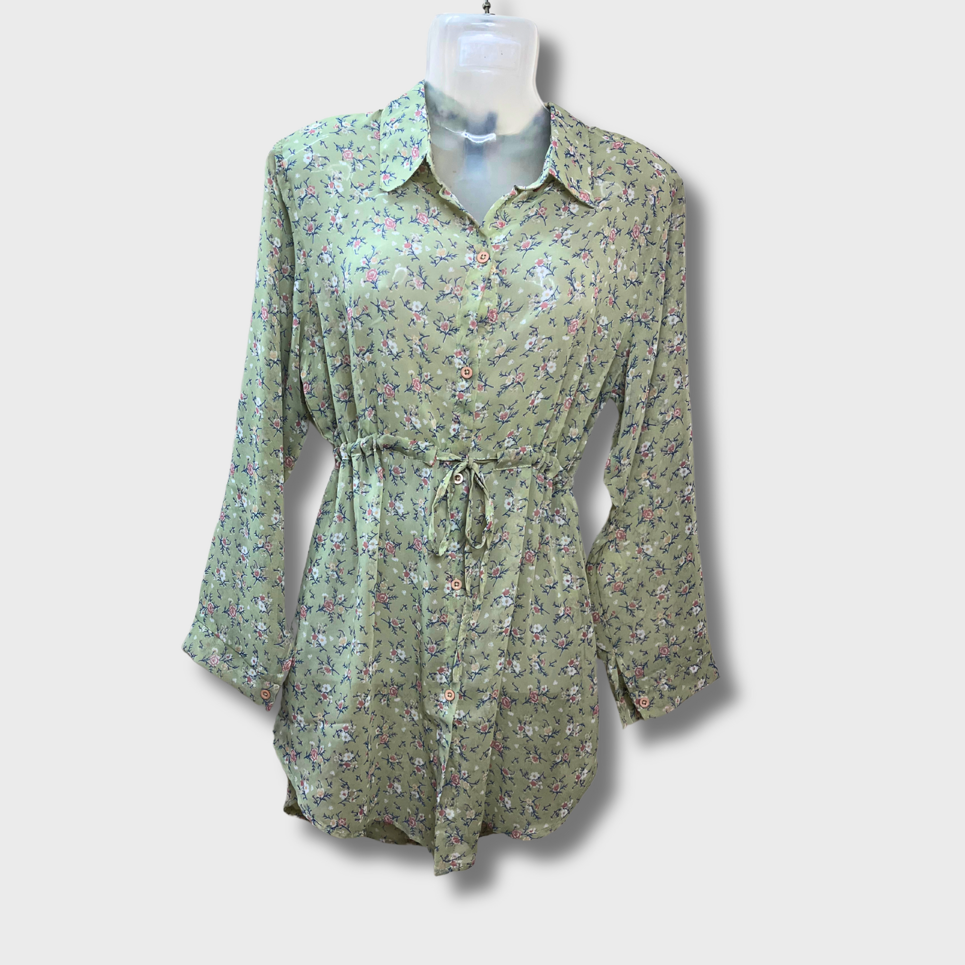 Women’s Light Green Floral Print Dress – Collared Long Shirt Style | Size XL | FAM GLAM