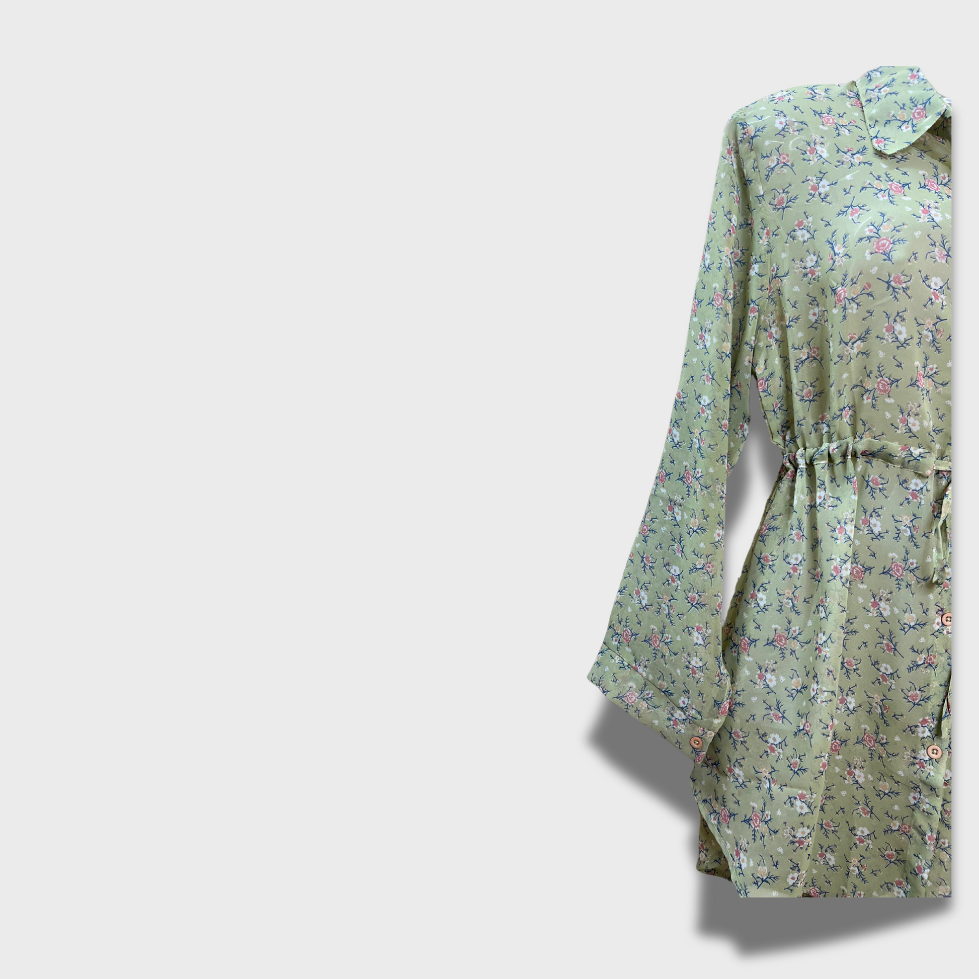Women’s Light Green Floral Print Dress – Collared Long Shirt Style | Size XL | FAM GLAM
