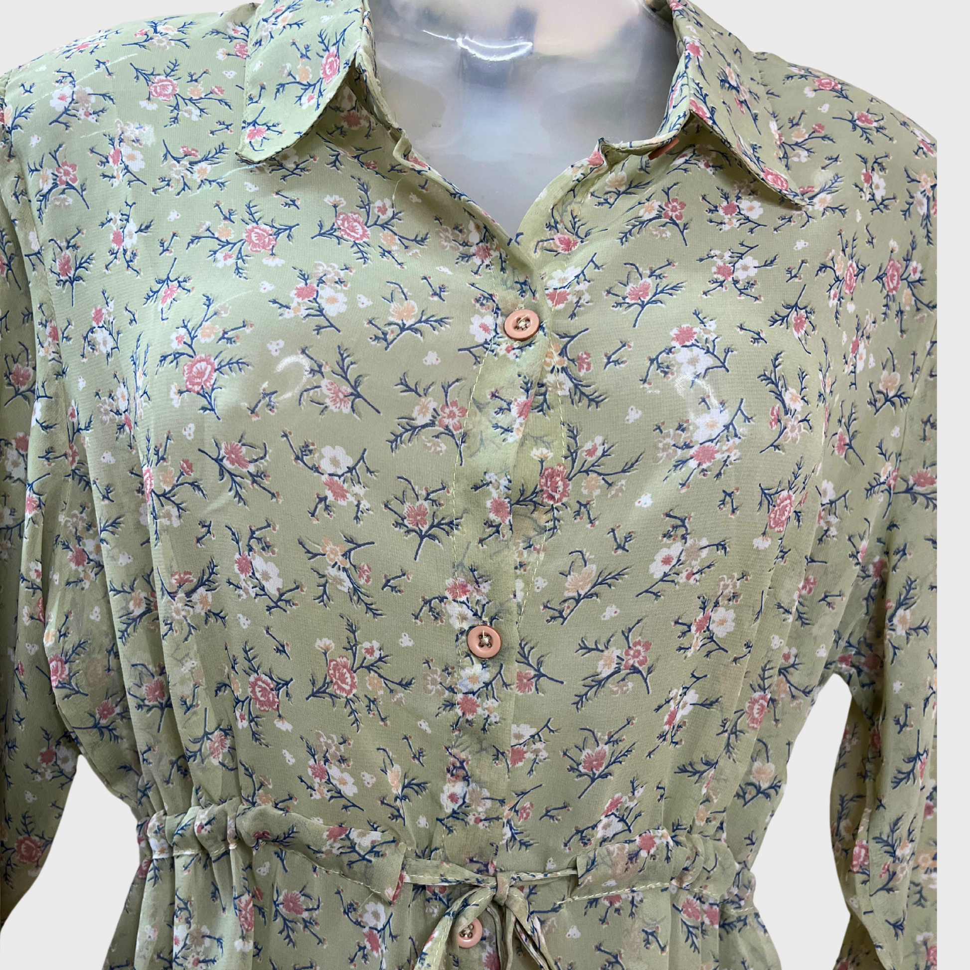 Women’s Light Green Floral Print Dress – Collared Long Shirt Style | Size XL | FAM GLAM