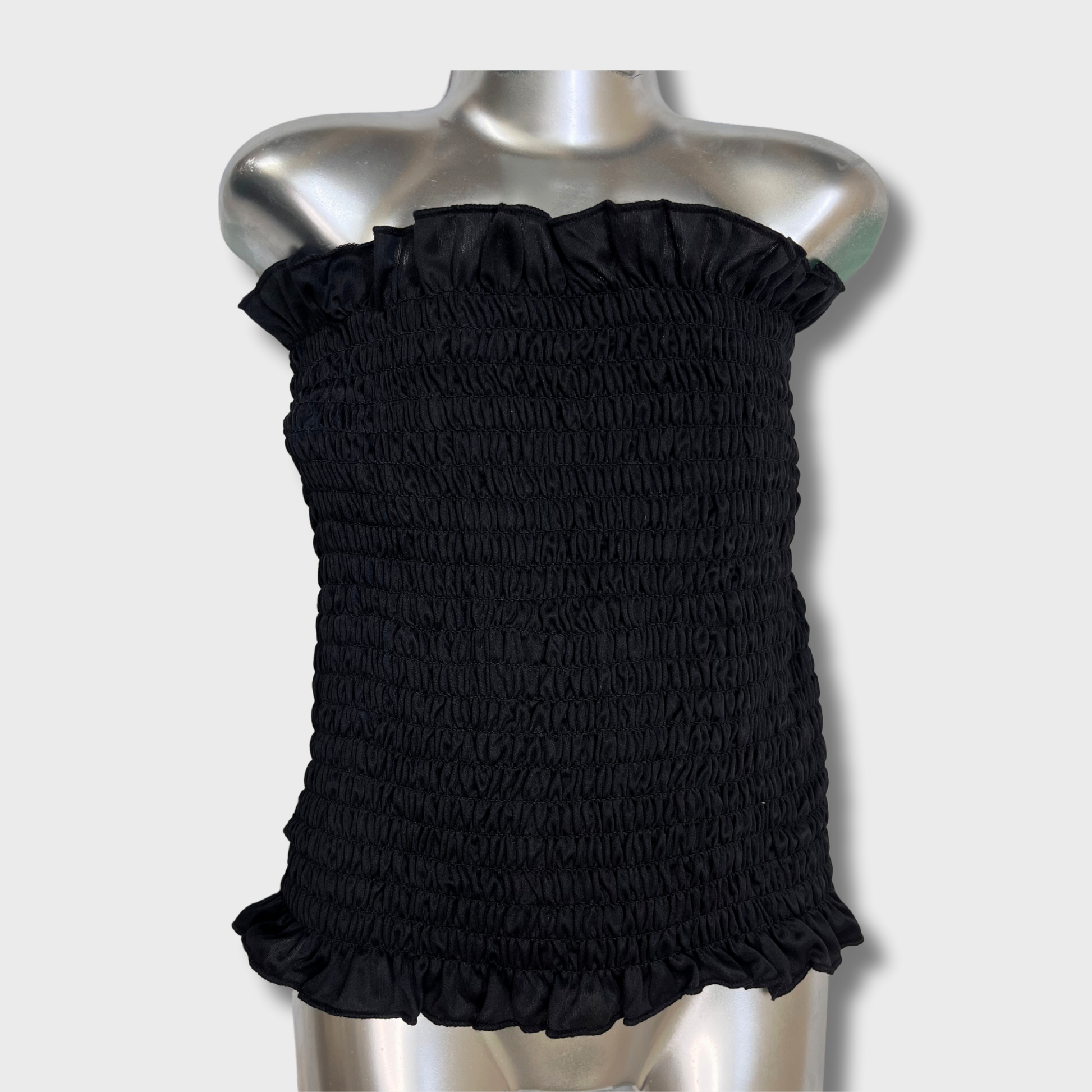 Women’s Black Smocked Strapless Tube Top with Ruffled Edges