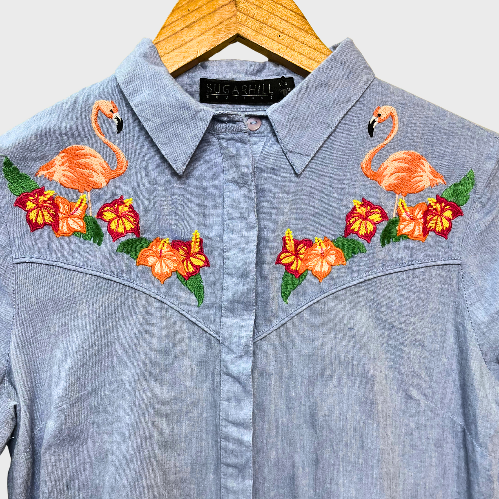 Women’s Light Blue Cotton Embroidered Shirt – Floral & Flamingo Detail | Size S | Sugarhill Boutique