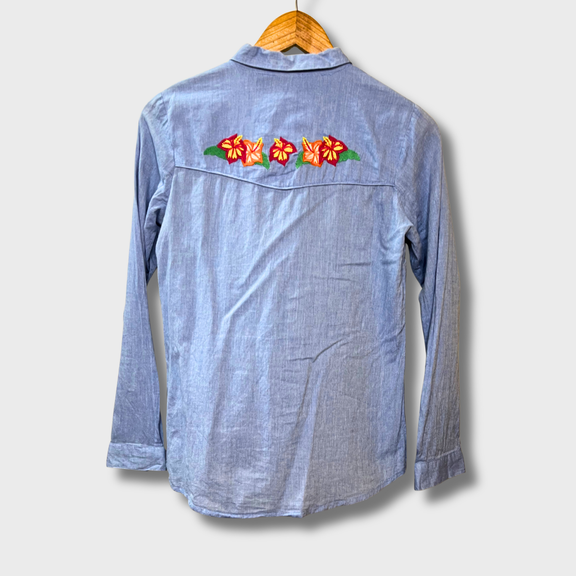 Women’s Light Blue Cotton Embroidered Shirt – Floral & Flamingo Detail | Size S | Sugarhill Boutique