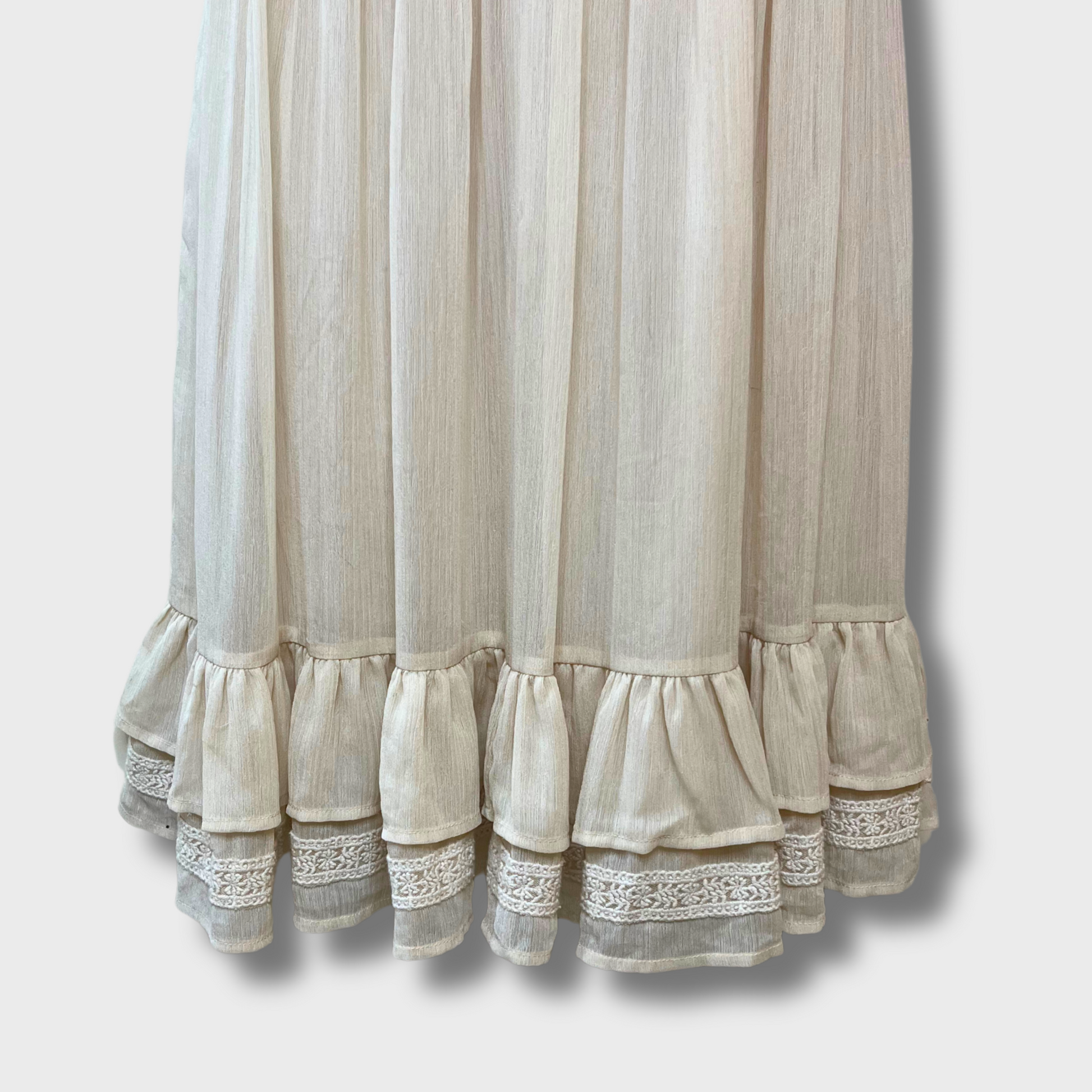 Women’s Elegant Chique Half-Sleeve Georgette Dress – Victorian Cream with Lace & Ruffles (Size S)