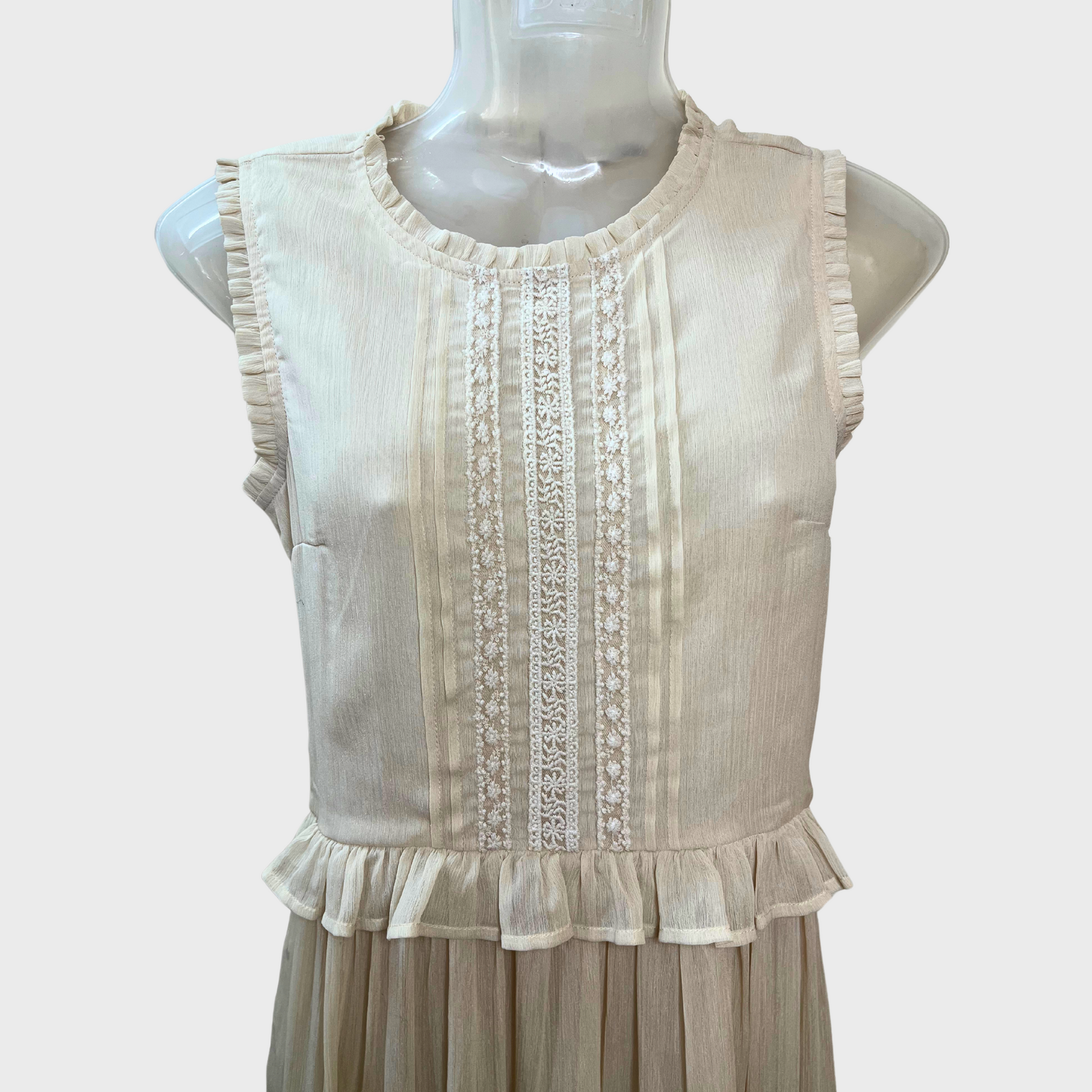 Women’s Elegant Chique Half-Sleeve Georgette Dress – Victorian Cream with Lace & Ruffles (Size S)