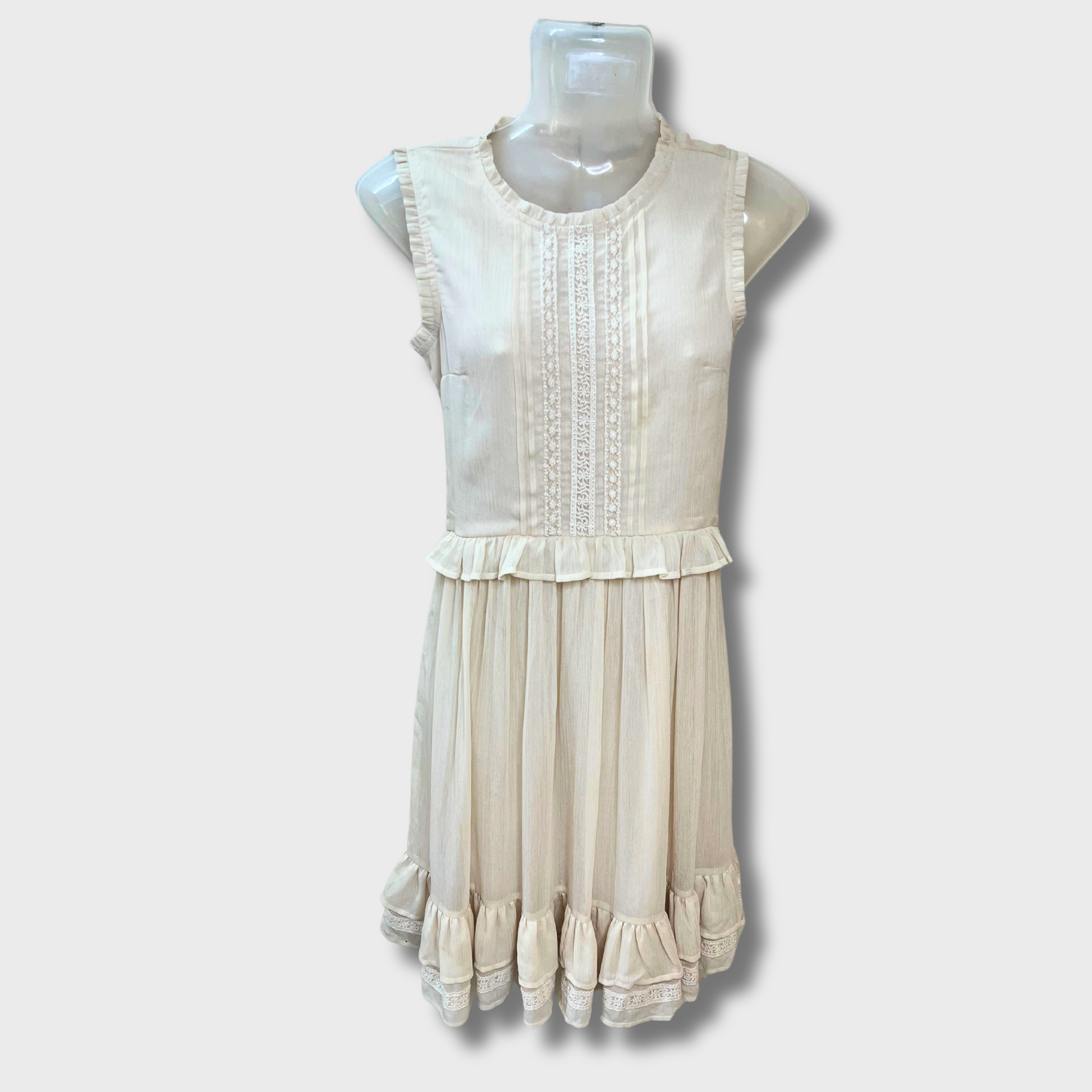 Women’s Elegant Chique Half-Sleeve Georgette Dress – Victorian Cream with Lace & Ruffles (Size S)