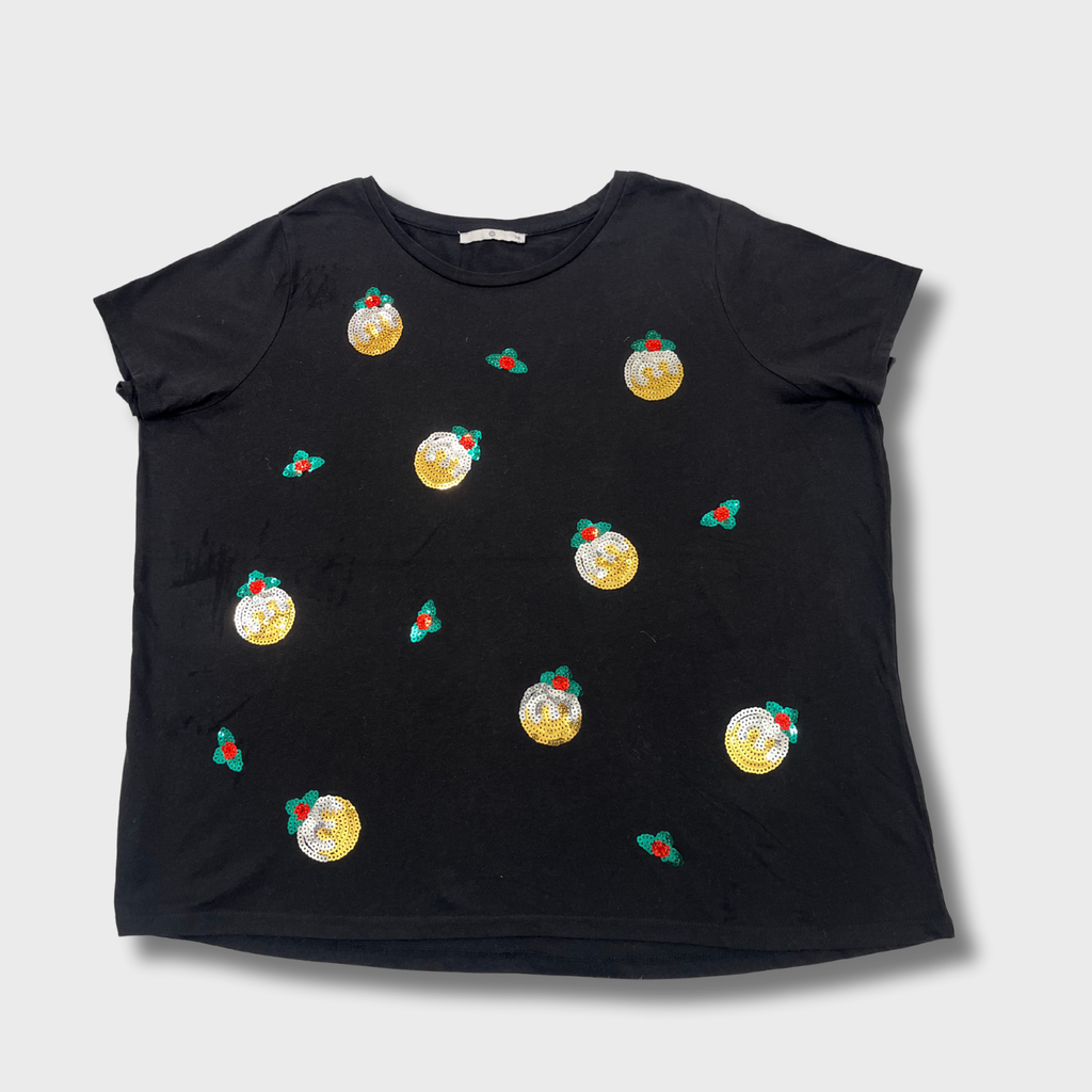 Women’s Black Sequin Cherry T-Shirt – Size XL | Stylish & Glamorous Casual Top