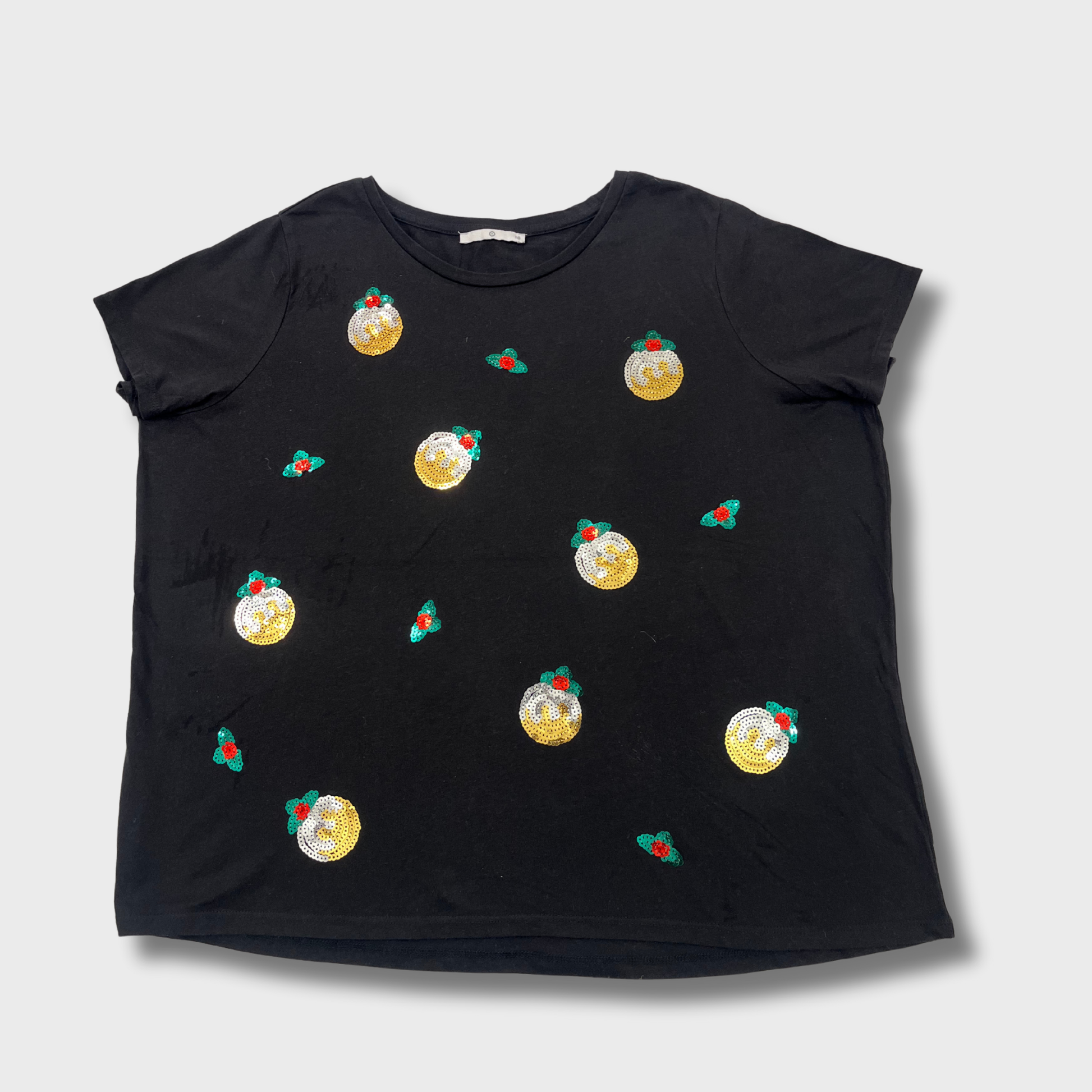Women’s Black Sequin Cherry T-Shirt – Size XS | Stylish & Glamorous Casual Top