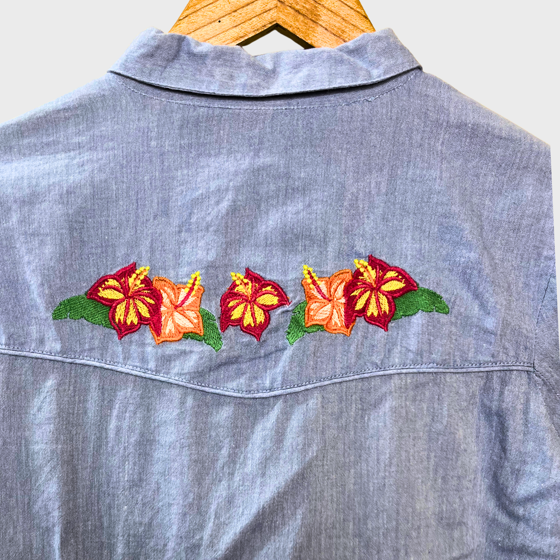 Women’s Light Blue Cotton Embroidered Shirt – Floral & Flamingo Detail | Size S | Sugarhill Boutique