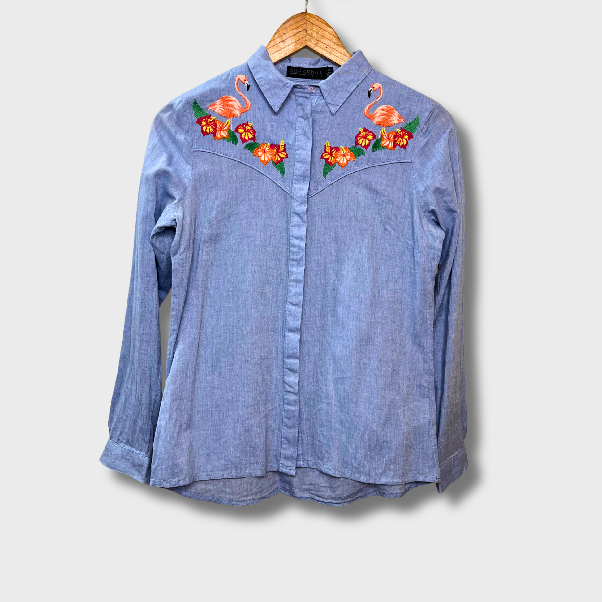 Women’s Light Blue Cotton Embroidered Shirt – Floral & Flamingo Detail | Size S | Sugarhill Boutique
