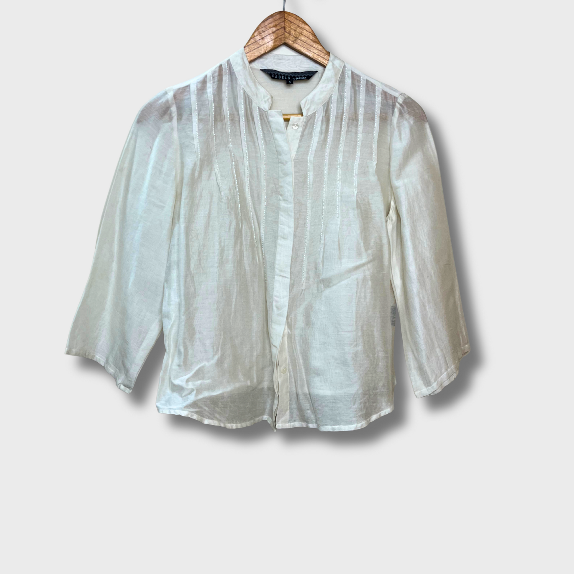 Women’s Silk White See-Through Shirt – Elegant Bead Work | Dress Up for College, Office & Party | Size S by FABELS