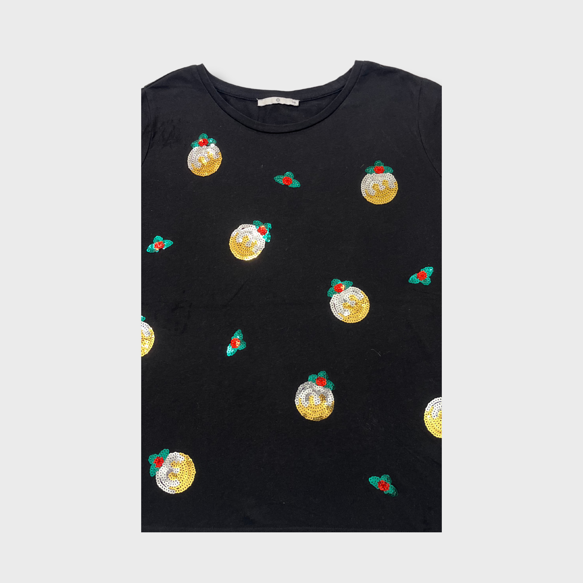 Women’s Black Sequin Cherry T-Shirt – Size XS | Stylish & Glamorous Casual Top