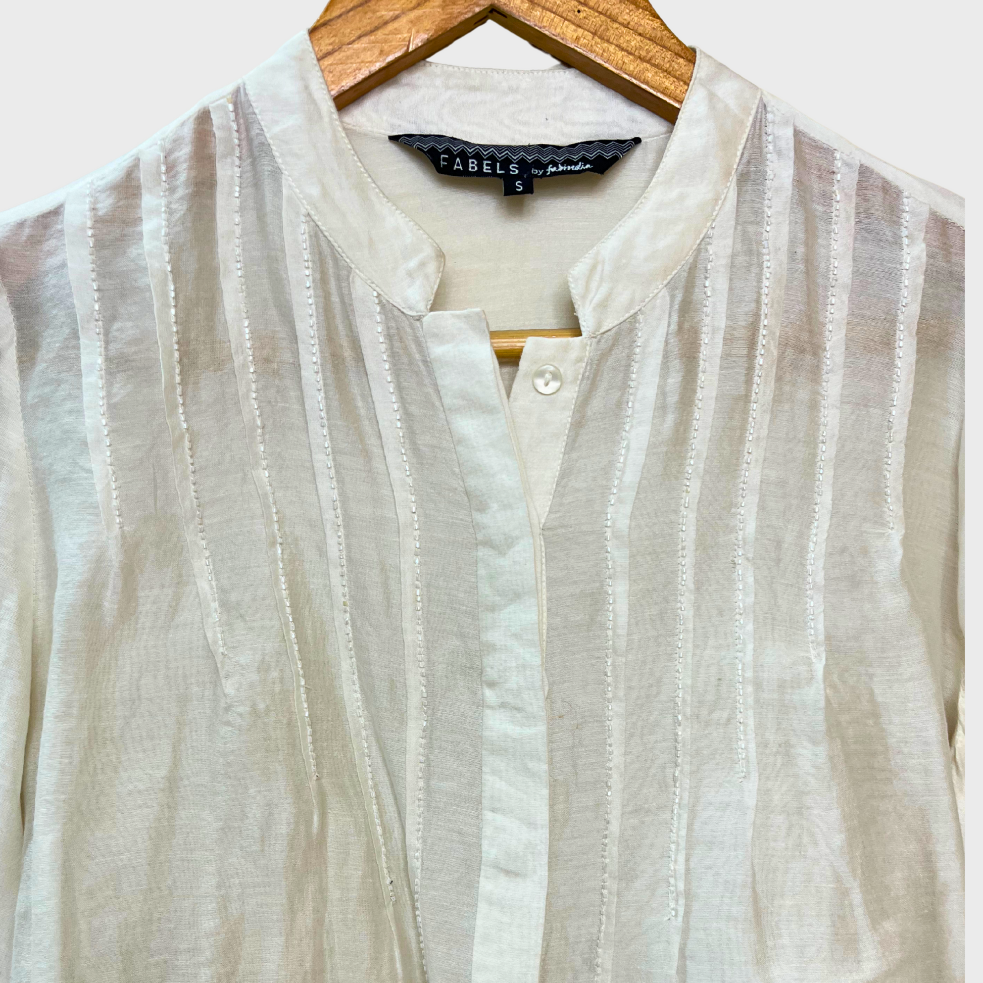 Women’s Silk White See-Through Shirt – Elegant Bead Work | Dress Up for College, Office & Party | Size S by FABELS
