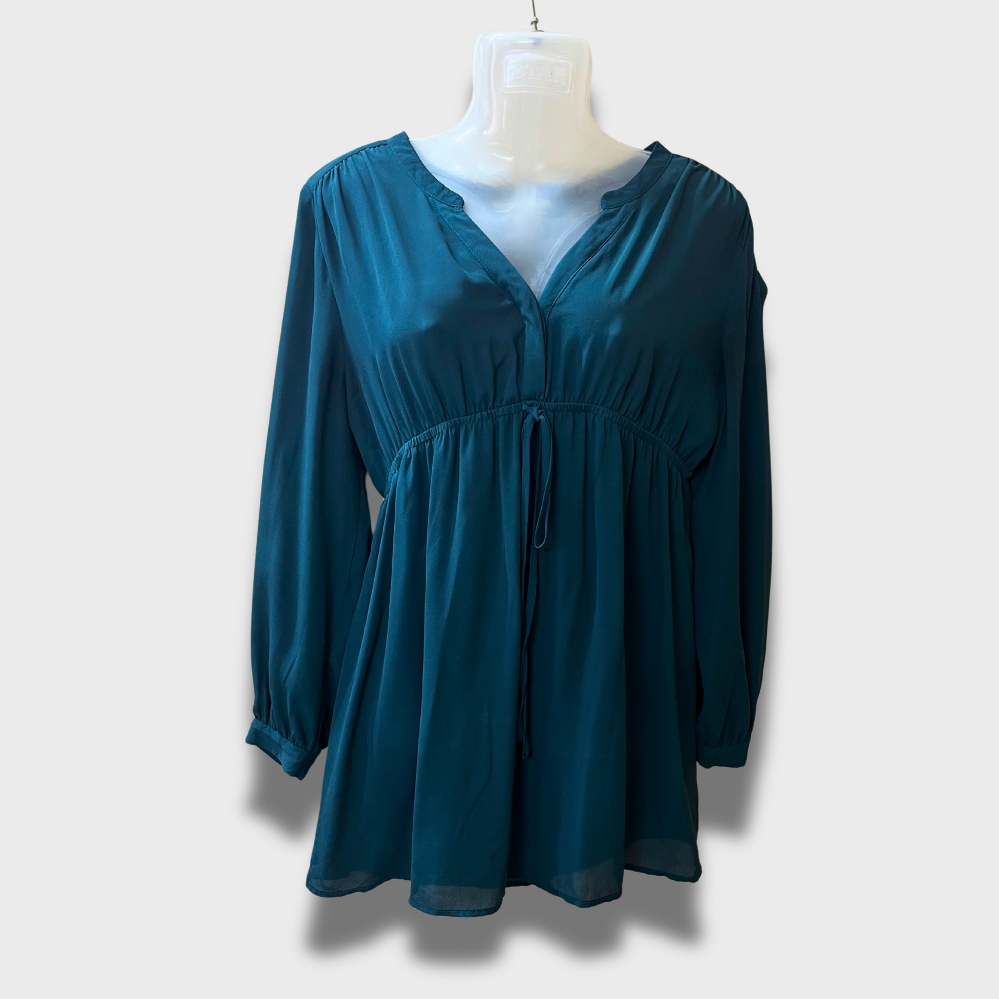 Women’s Fancy Bottle Green Georgette Dress – Elegant Full Sleeves with Waist Tie | H&M Size M