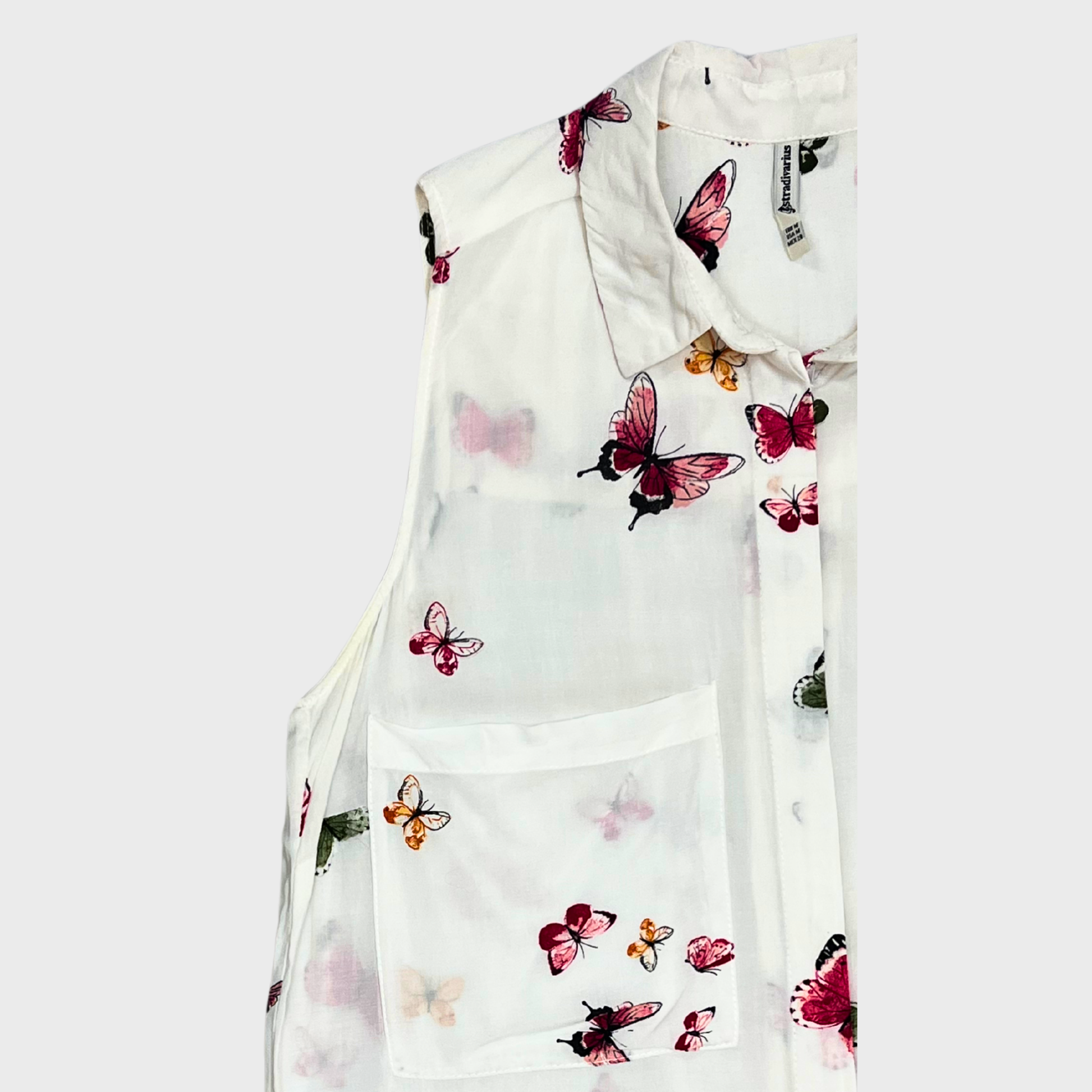 Women's White Butterfly Print Sleeveless Top & Size M | Stradivarius Â® Elegant Cotton Blouse
