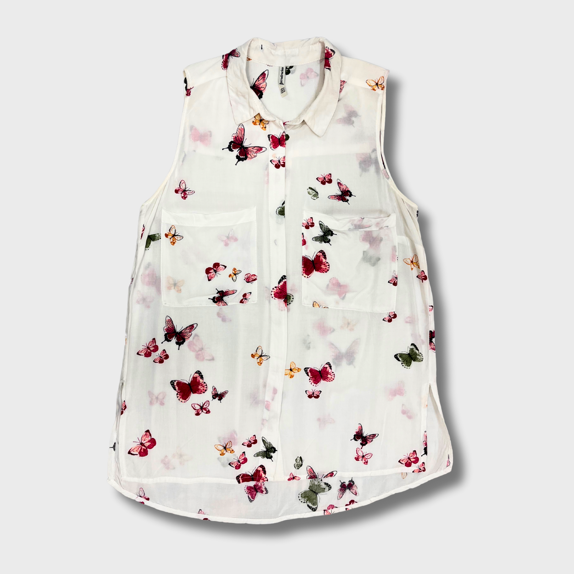 Women's White Butterfly Print Sleeveless Top & Size M | Stradivarius Â® Elegant Cotton Blouse