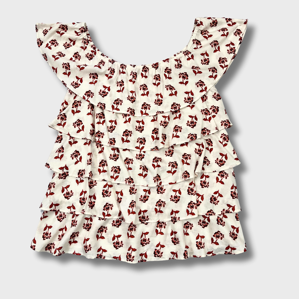 Women's Off-Shoulder Ruffle Top in Cream with Red Floral Print