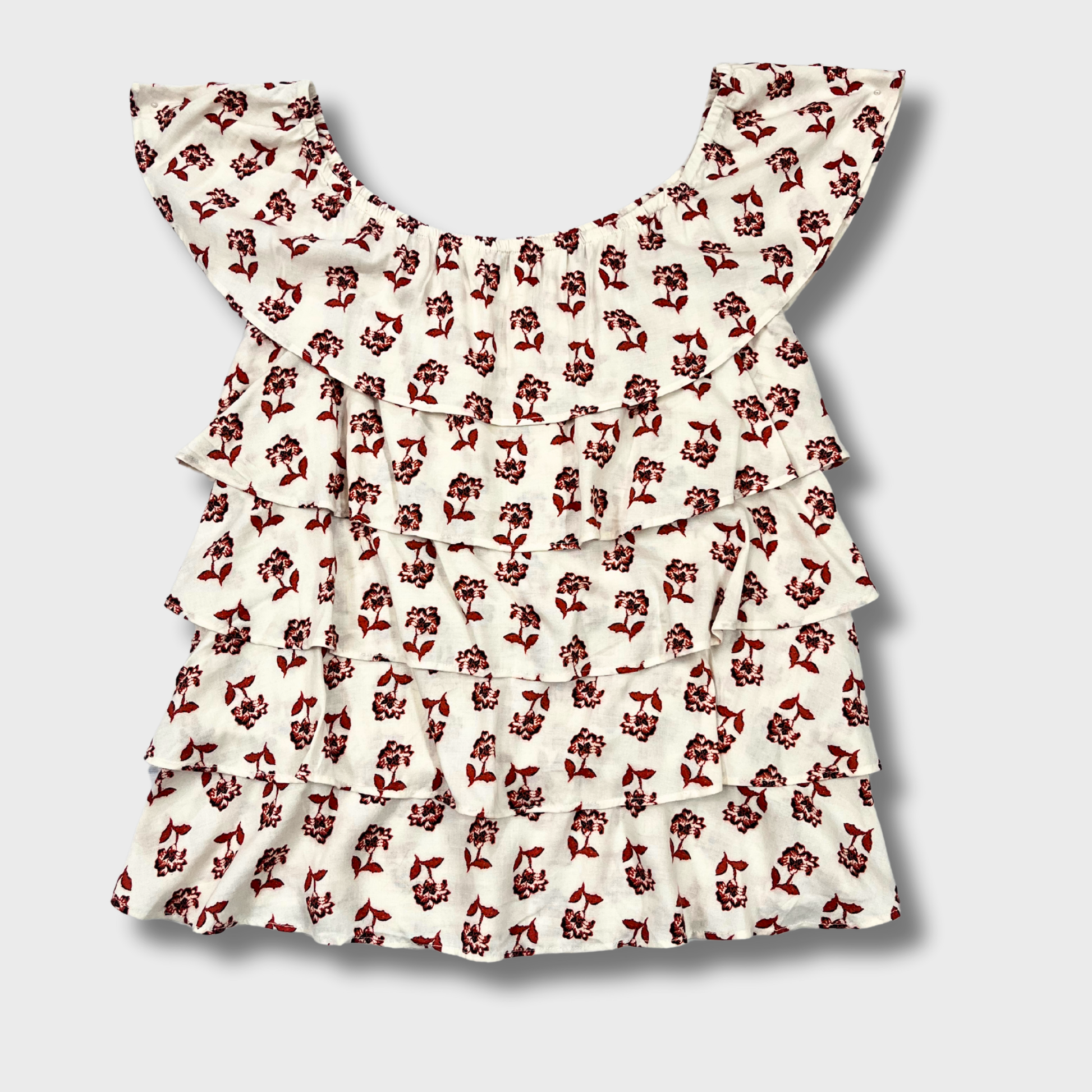 Women's Off-Shoulder Ruffle Top in Cream with Red Floral Print