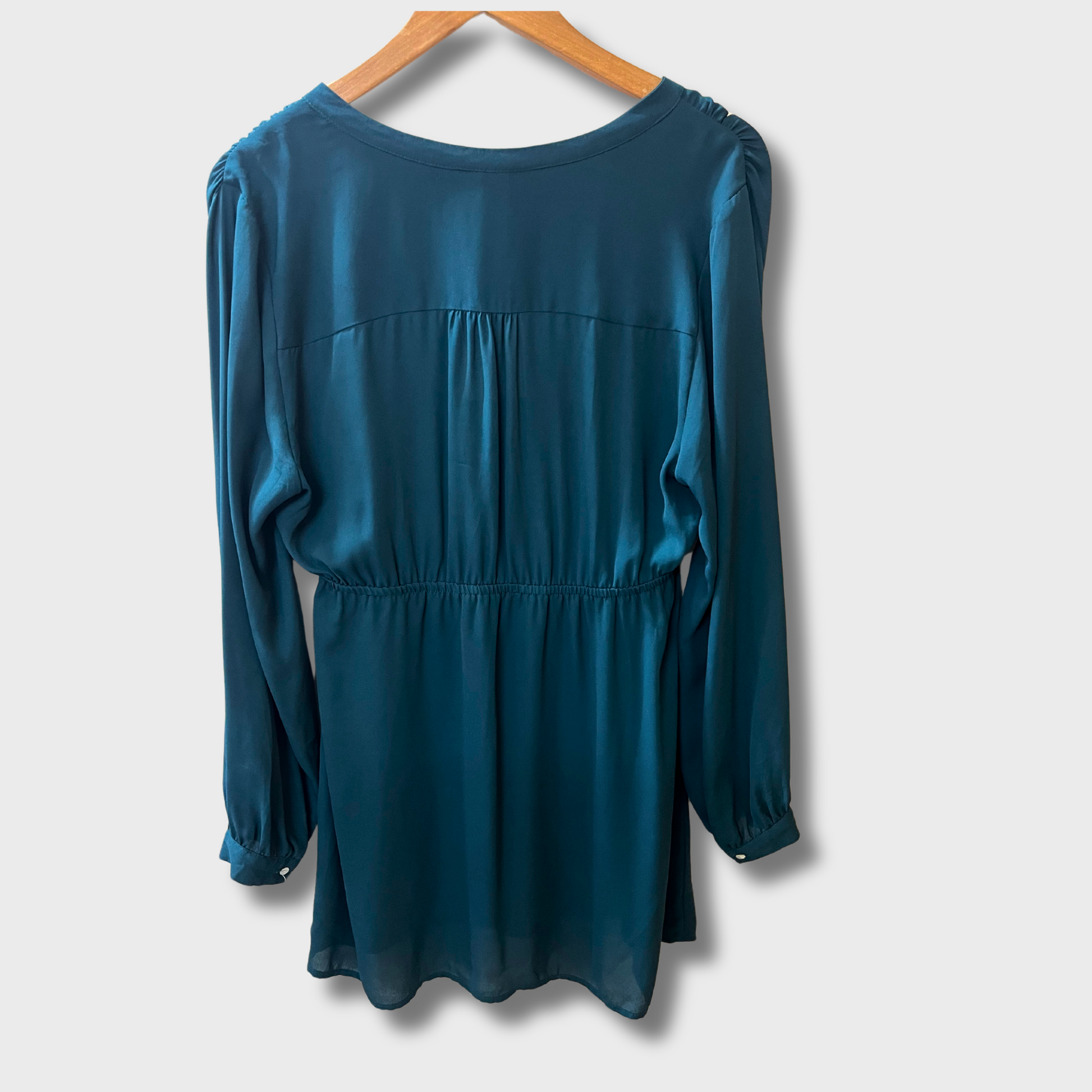 Women’s Fancy Bottle Green Georgette Dress – Elegant Full Sleeves with Waist Tie | H&M Size M