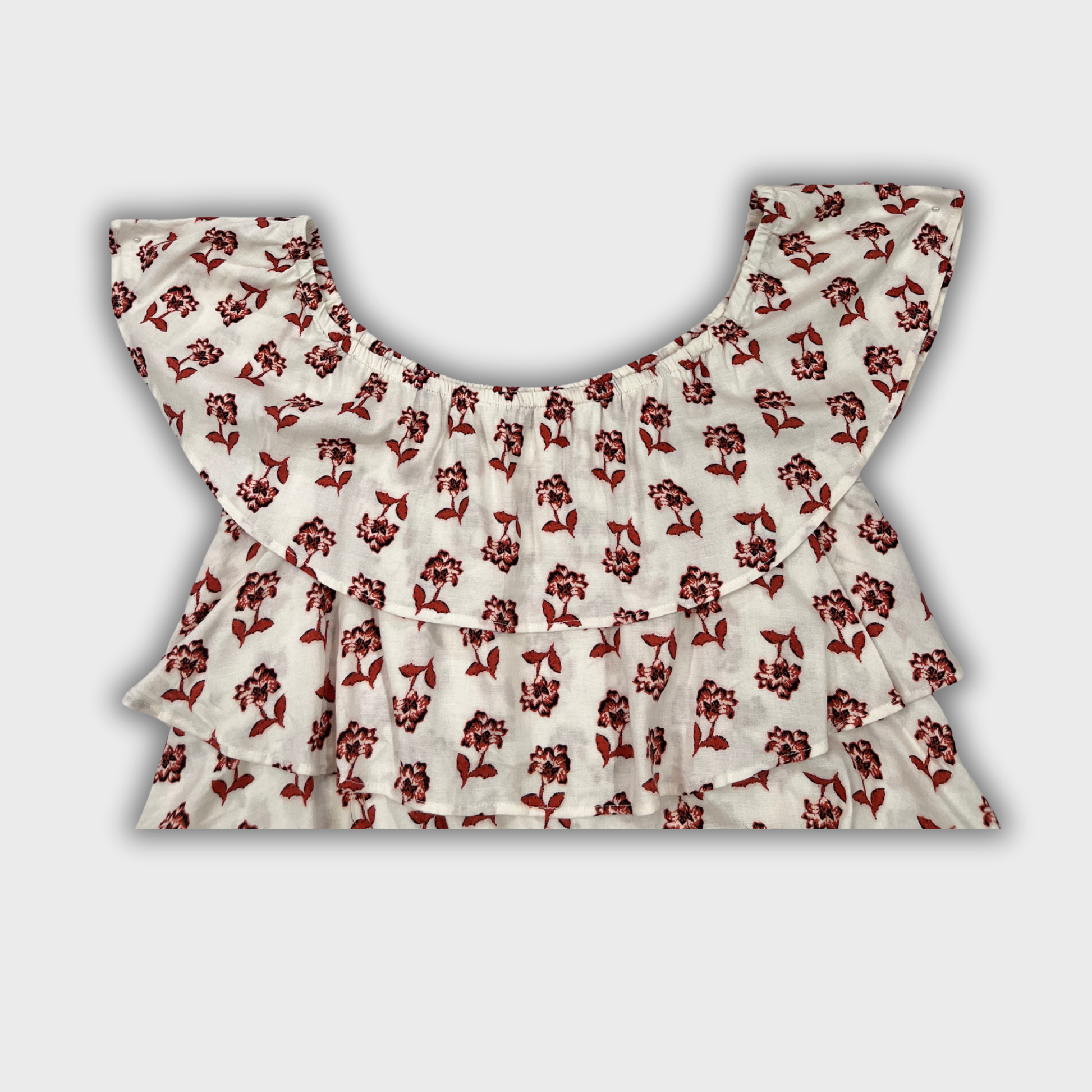 Women's Off-Shoulder Ruffle Top in Cream with Red Floral Print