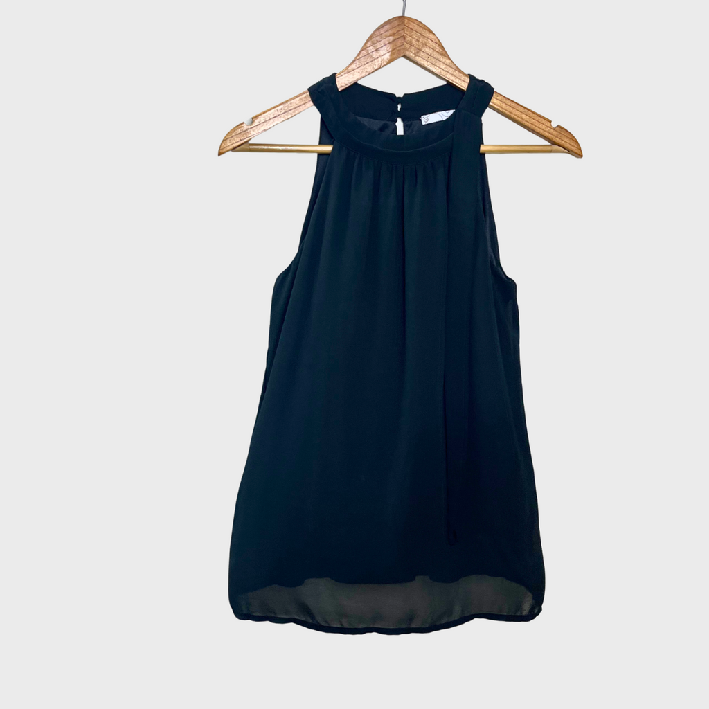Women's Sleeveless Office Wear Top – Black Dressy Blouse with Ribbon Tie (Size M)
