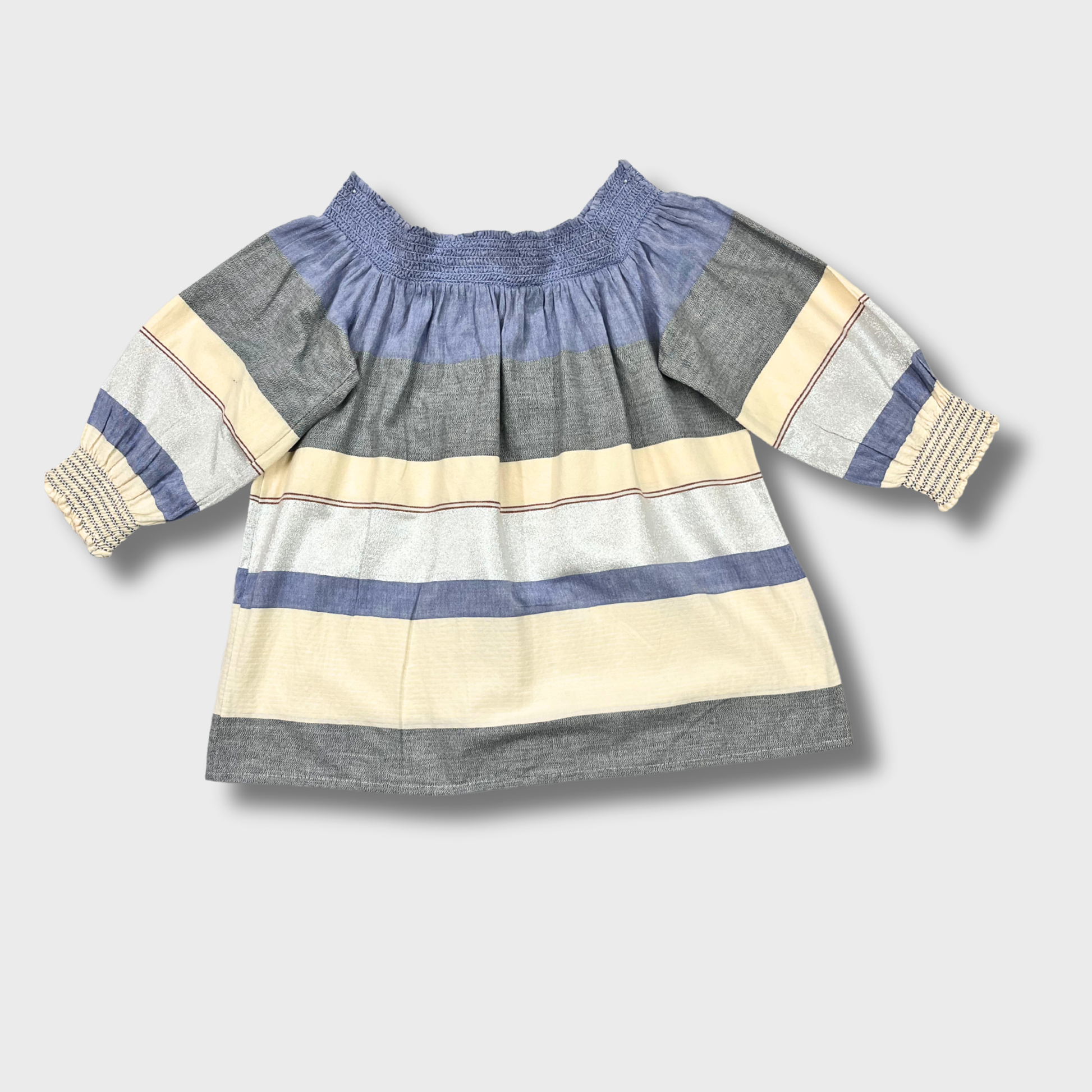 Women’s White & Blue Cotton Off-Shoulder Top – Bishop Sleeves | Size L | Casual Collection by F&F