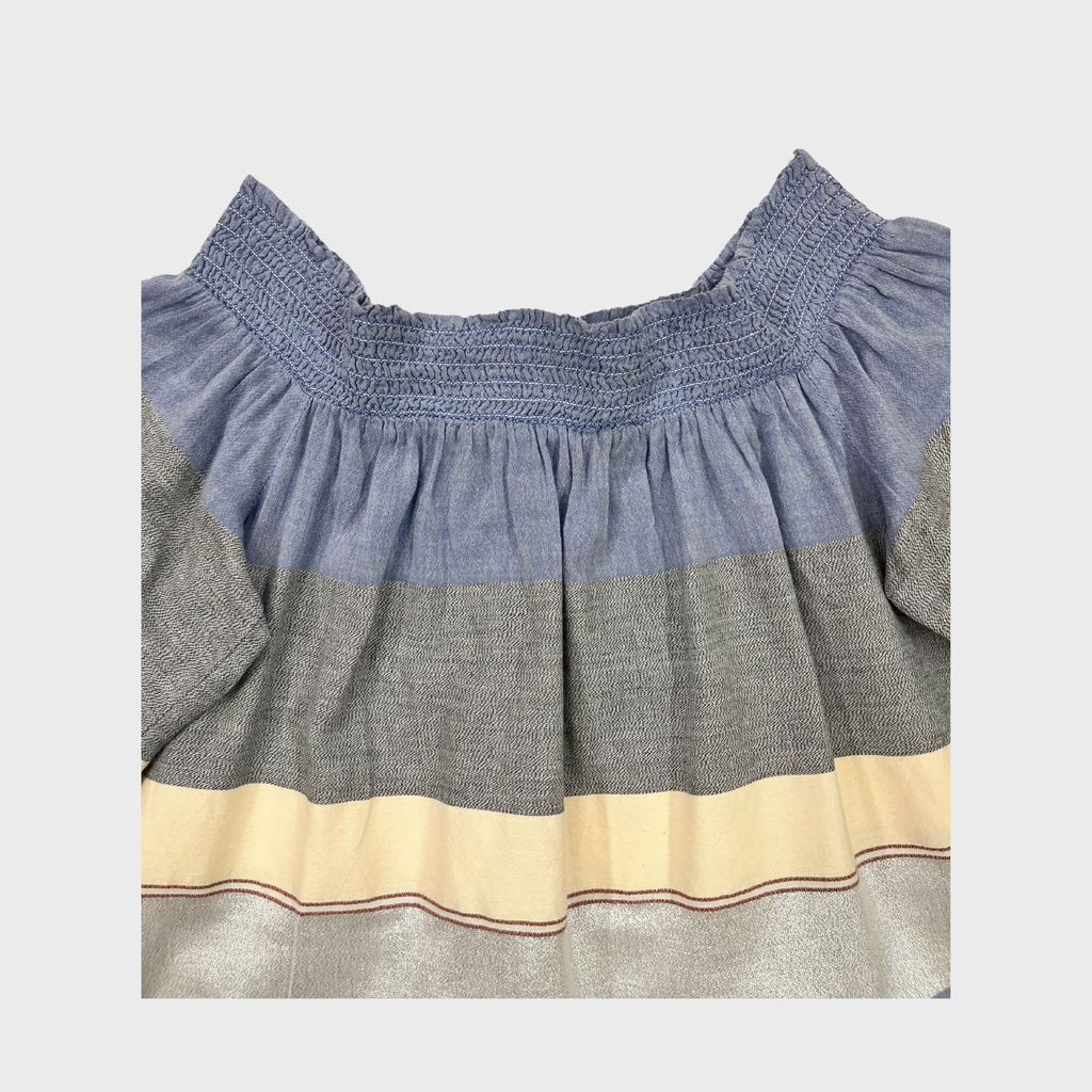Women’s White & Blue Cotton Off-Shoulder Top – Bishop Sleeves | Size L | Casual Collection by F&F