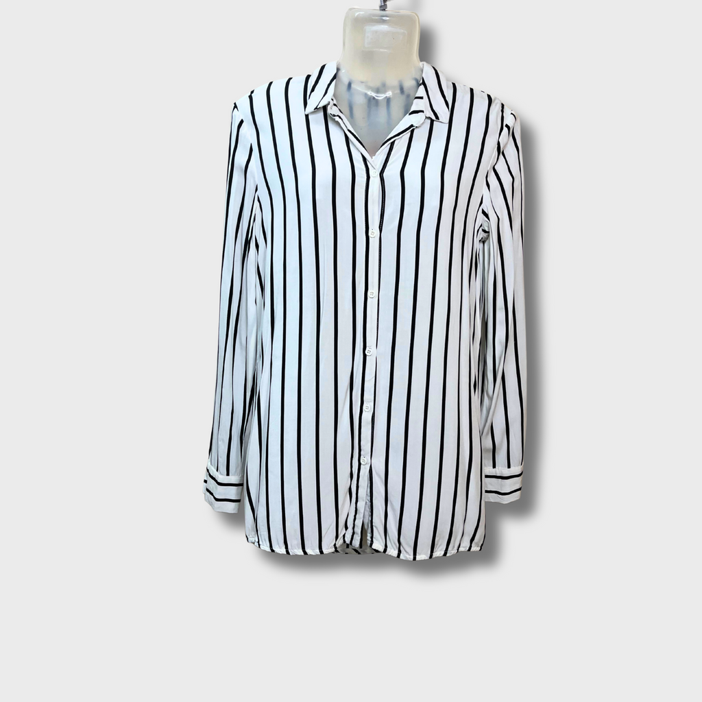 Women’s Soft Cotton Striped Shirt – White & Black Classic Fit (Size L) | Jake’s™