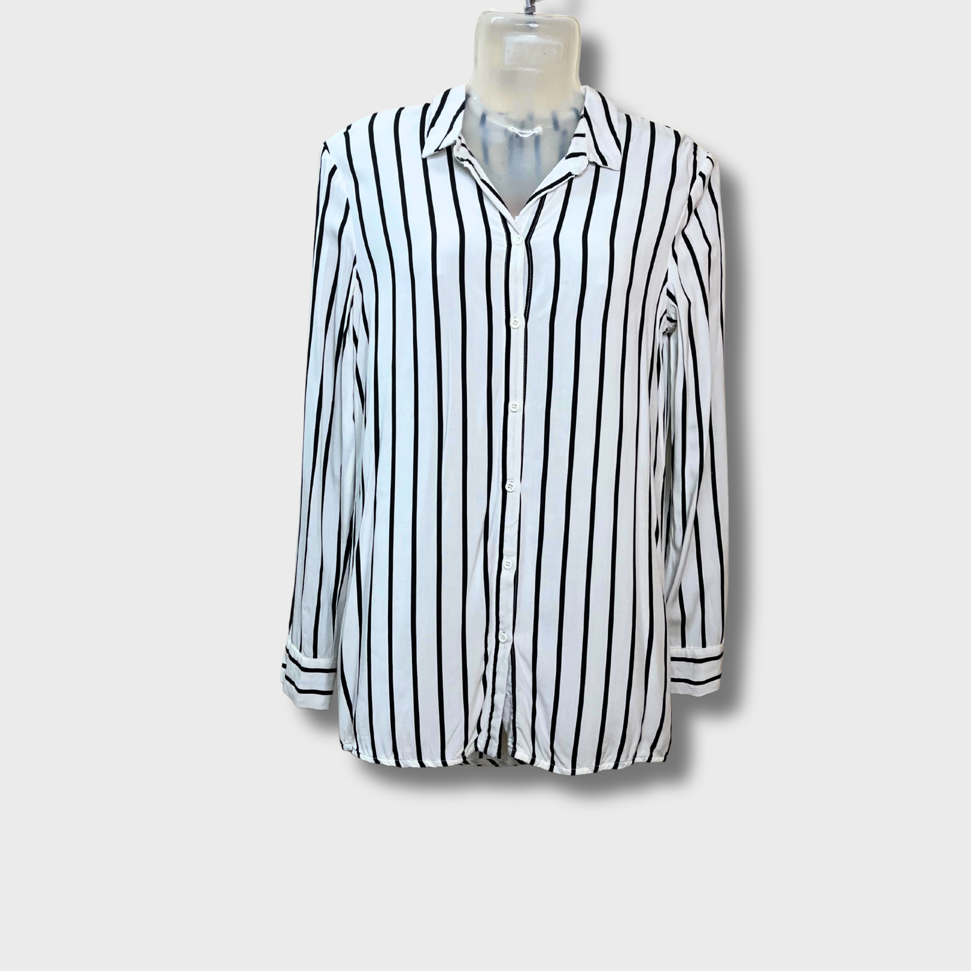 Women’s Soft Cotton Striped Shirt – White & Black Classic Fit (Size L) | Jake’s™