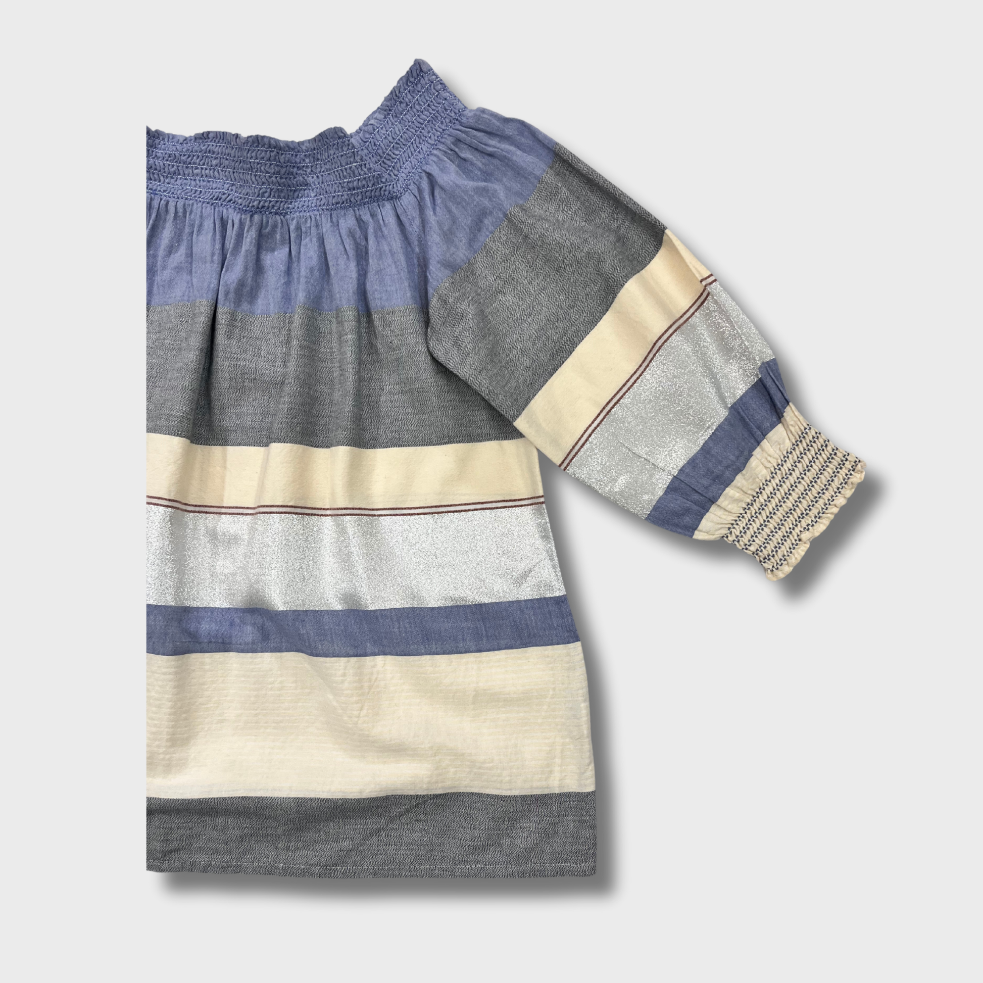 Women’s White & Blue Cotton Off-Shoulder Top – Bishop Sleeves | Size L | Casual Collection by F&F