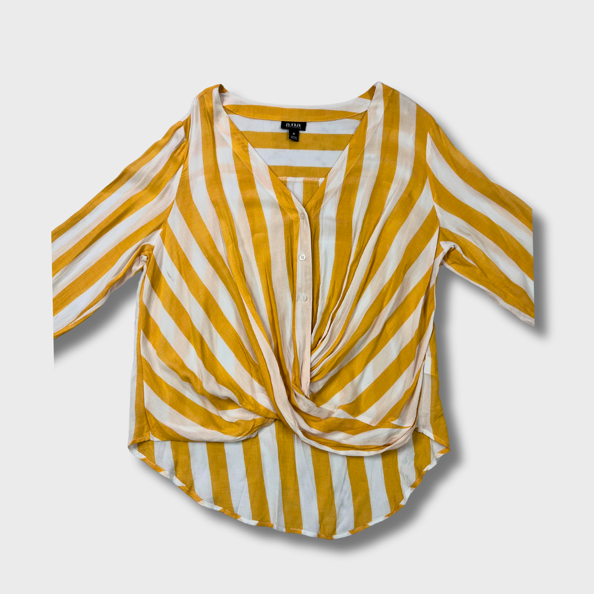 Women’s Yellow & White Striped Fancy Top – Size M | ANA® Cotton Long Sleeve Blouse