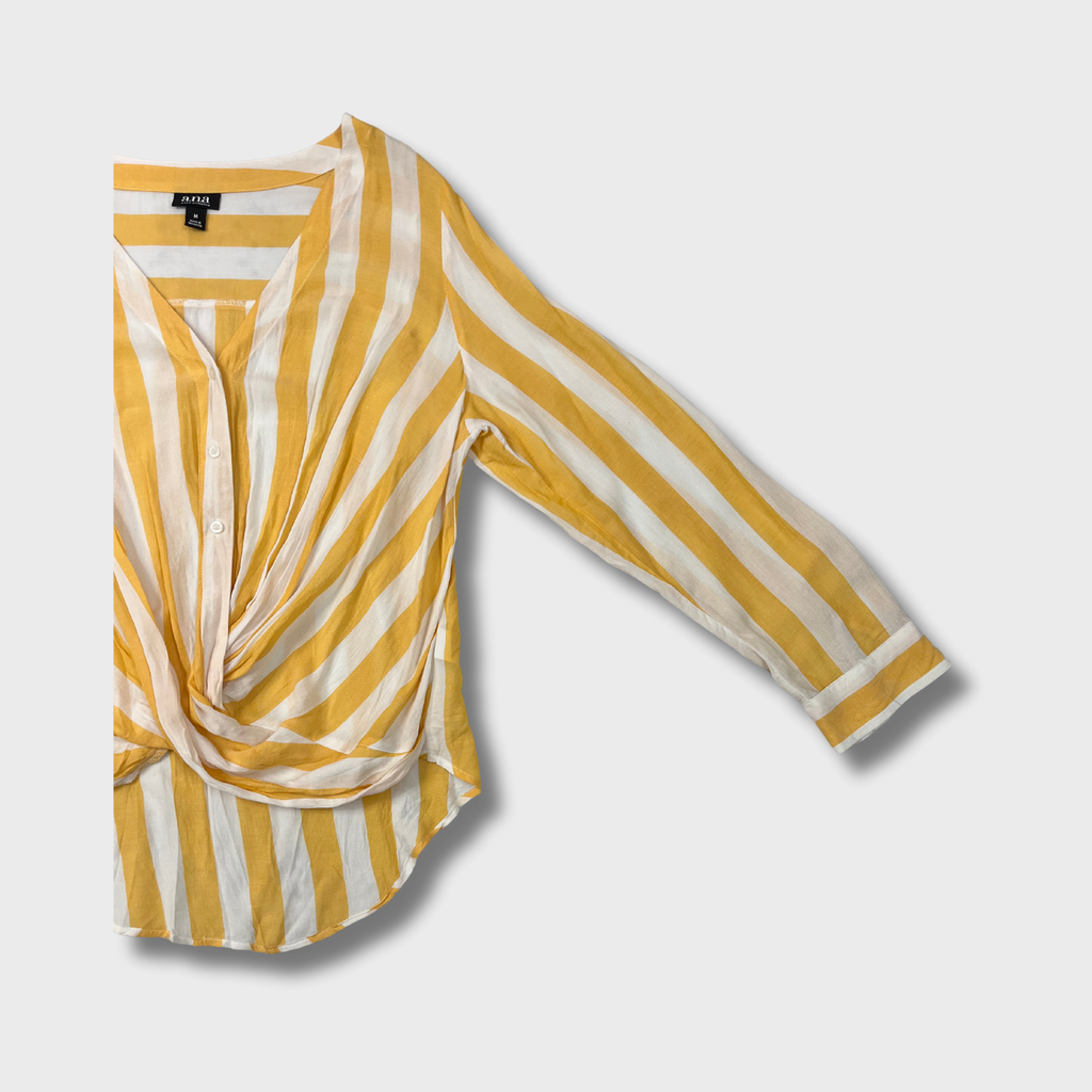 Women’s Yellow & White Striped Fancy Top – Size M | ANA® Cotton Long Sleeve Blouse