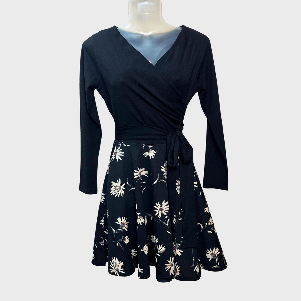 Women’s Floral Print Black Tie Dress – Casual & Chic | Size S by PUMPKIN