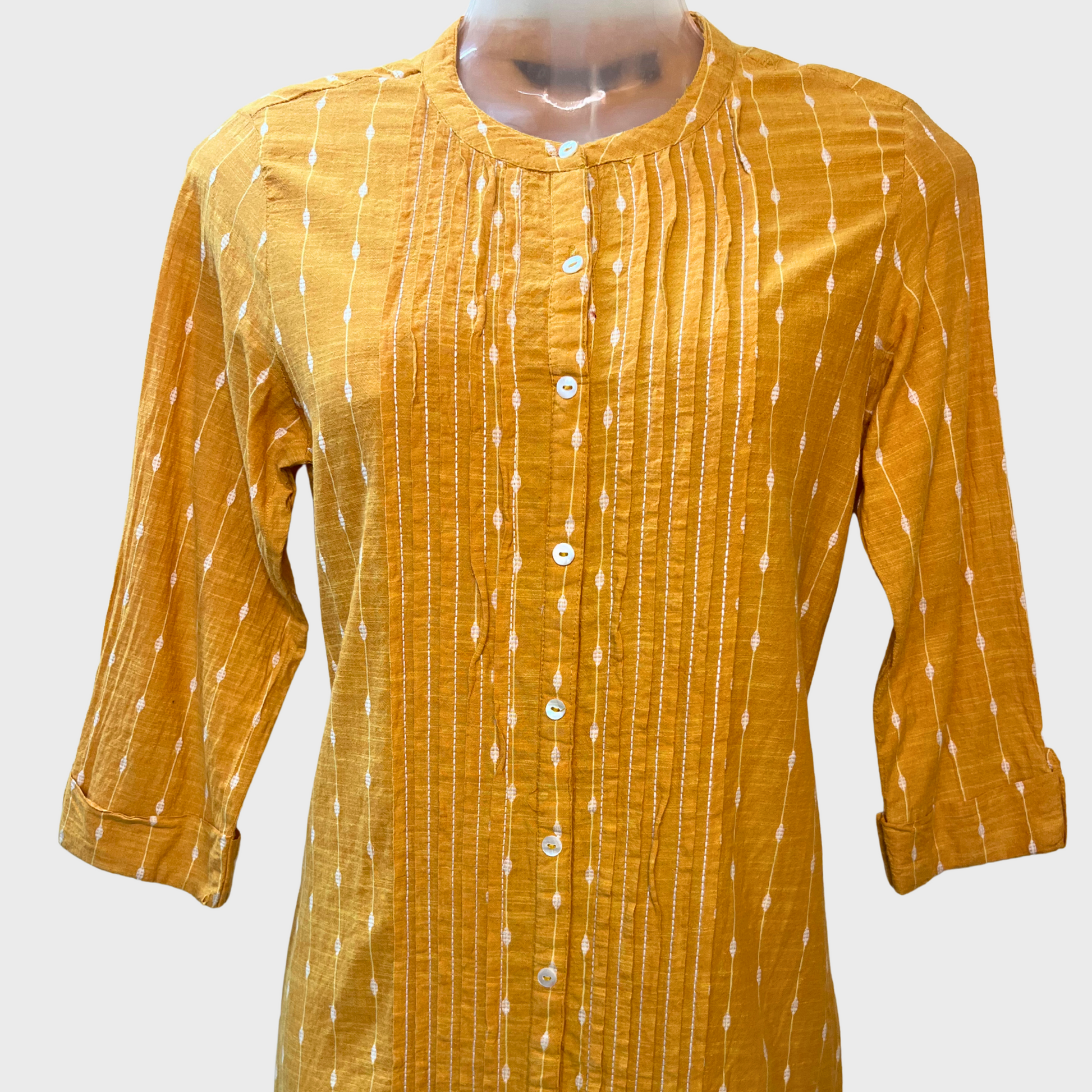 Women’s Deep Yellow Long Kurti – Office & Casual Wear | Button Front Open Pockets | Size XS | MILANGE