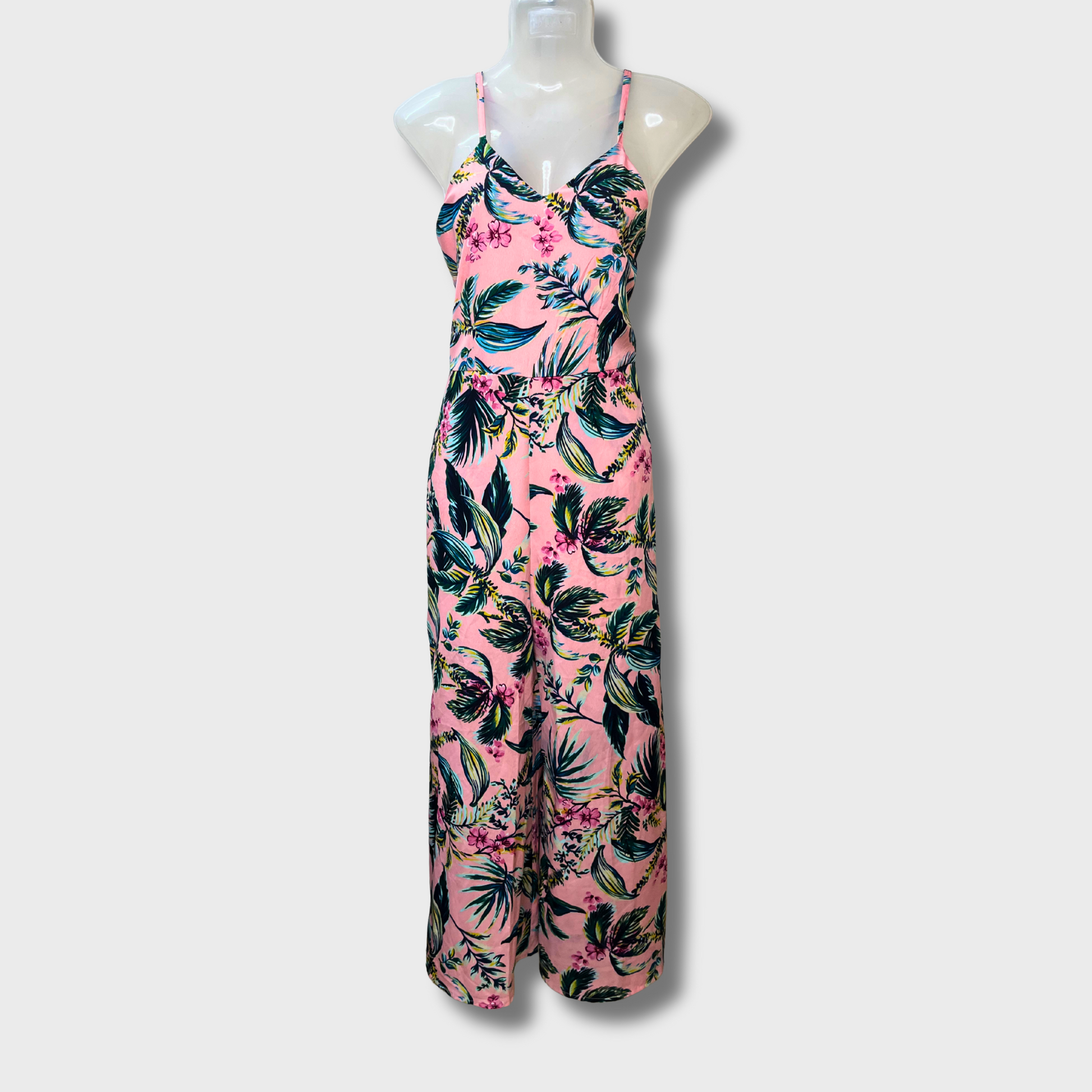 Women’s Pink Hawaiian Print Jumpsuit – Spaghetti Straps, Size M | Summery Tropical Vibes